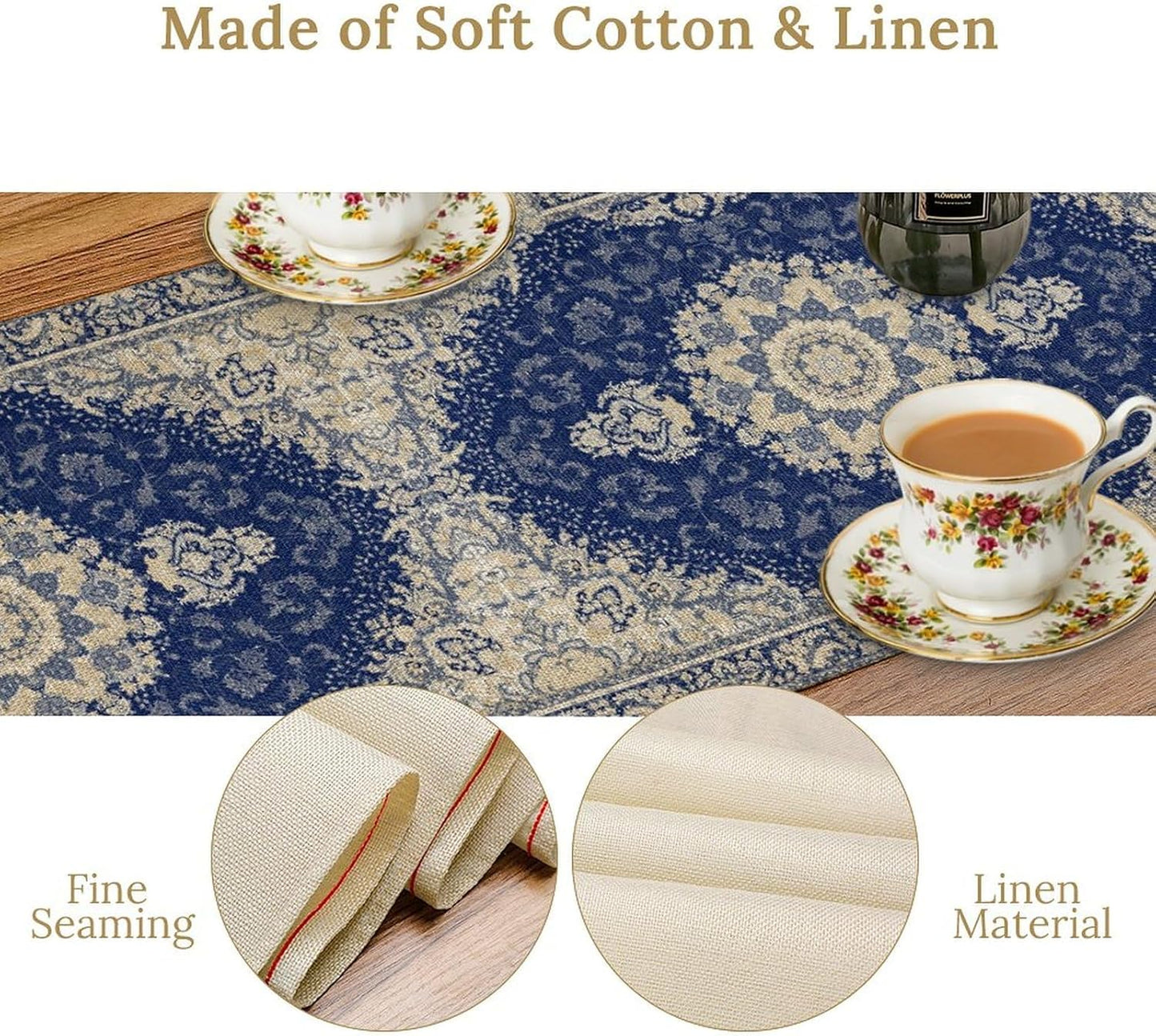 Boho Bohemia Style Dark Blue Table Runner, Country Rustic Farmhouse Magical Abstract Print Pattern for Home Kitchen Table Decor Dining Coffee Room Garden Party Decor 13x36in