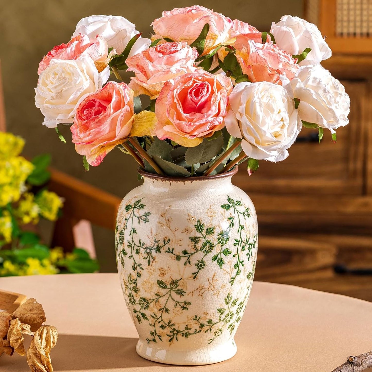 Vintage Green and Beige Vase, Round Ceramic Floral Vases, Retro Ice Cracked Chinoiserie Vase for Home Decor, Living Room, Bookshelf, Office, Grand Millennial Decor, Rustic Table Centerpiece 8 Inch