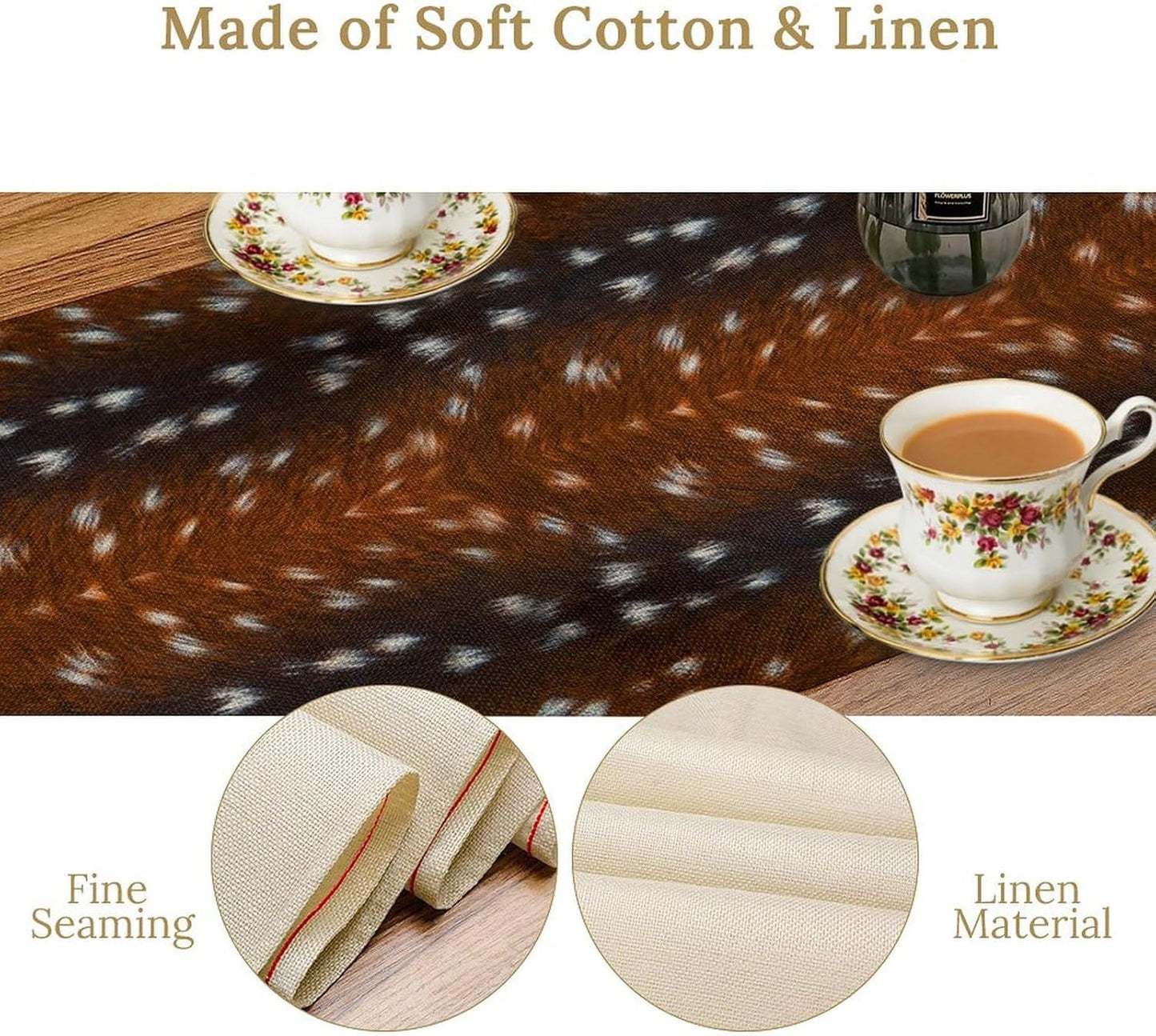 Deer Skin Table Runner Brown Fur Runner Black White Elk Deer Print Fur Western Print Cotton Linen Cottage Dinner Table Runners for Dining Room Kitchen Table Setting, 13x36 Inch