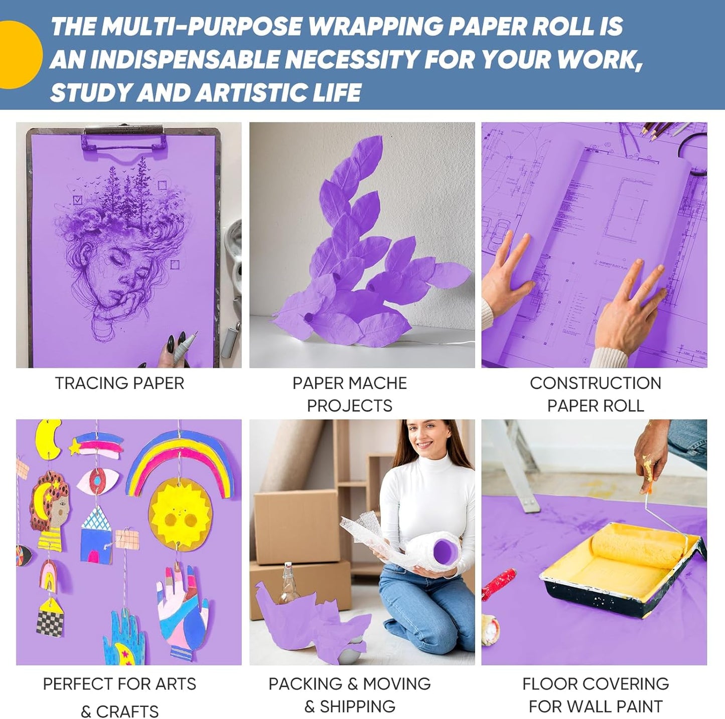 Purple Wrapping Paper, 15"x450" Art Craft Construction Bulletin Board Decorative Paper Roll for Birthday Baby Shower Christmas Mother's Day Mardi Gras, DIY Bouquet Flower Gift Wrap, Floral Supplies