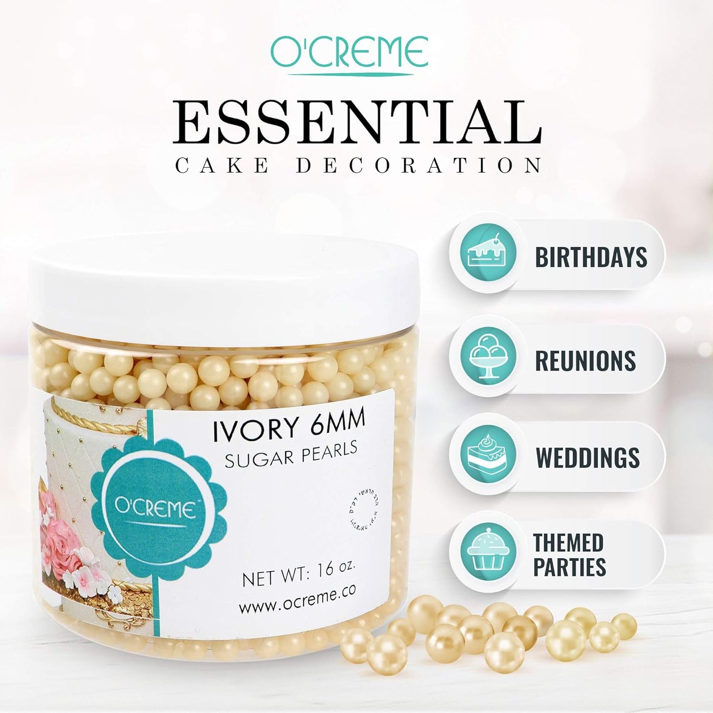 O'Creme Ivory Edible Sugar Pearls Cake Decorating Supplies for Bakers: Cookie, Cupcake & Icing Toppings, Beads Sprinkles For Baking, Certified, Candy Sugar Ball Accents (12mm, 11 Lbs)