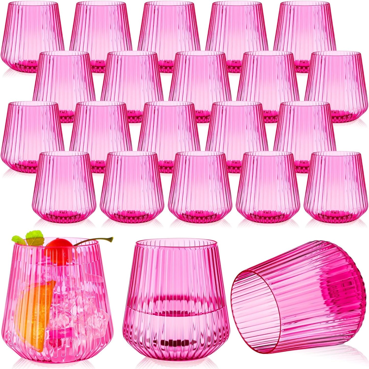 Suclain 50 Pcs Plastic Wine Glasses Ribbed Stemless Wine Glasses 14oz Vertical Design Unbreakable Cups for Outdoor Indoor Vintage Elegant Champagne Whiskey Cups for Party Wedding (Hot Pink)
