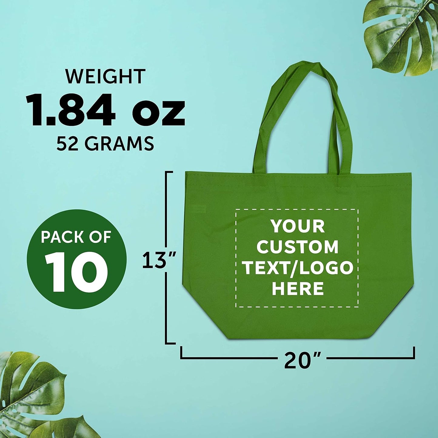 DISCOUNT PROMOS Custom Southern Style Grocery Tote Bags Set of 10 - Personalized Bulk Pack, Reusable Grocery & Shopping Bags - Great for Travel, Business Promotions - Lime Green - 20"X13"X8"