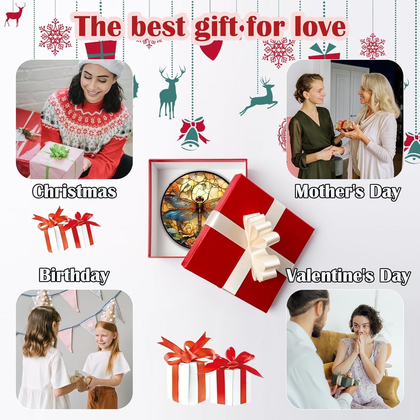 Stained Glass Window Hanging - Orange Blue Dragonfly Flower Suncatcher for Doors Window Home Sun Catchers Decor Christmas Mother's Day Birthday Outdoor Gifts for Women Men Mom Nana 14.9 in