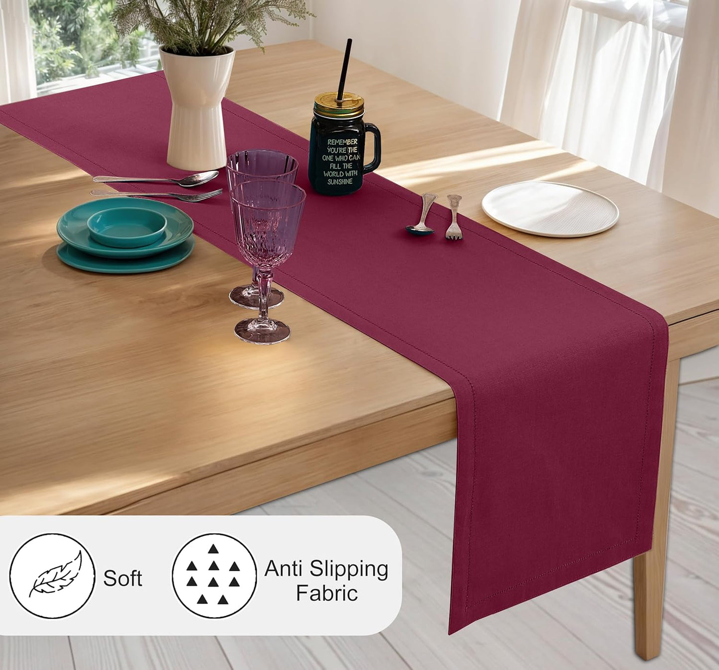 Ruvanti Linen Table Runner 90 Inches, Classic Hemstitch, Washable, Reusable, Non-Slipping, Stain Resistant- Perfect for Parties, Weddings, Dinners, Thanksgiving, Christmas, Indoor use – Burgundy