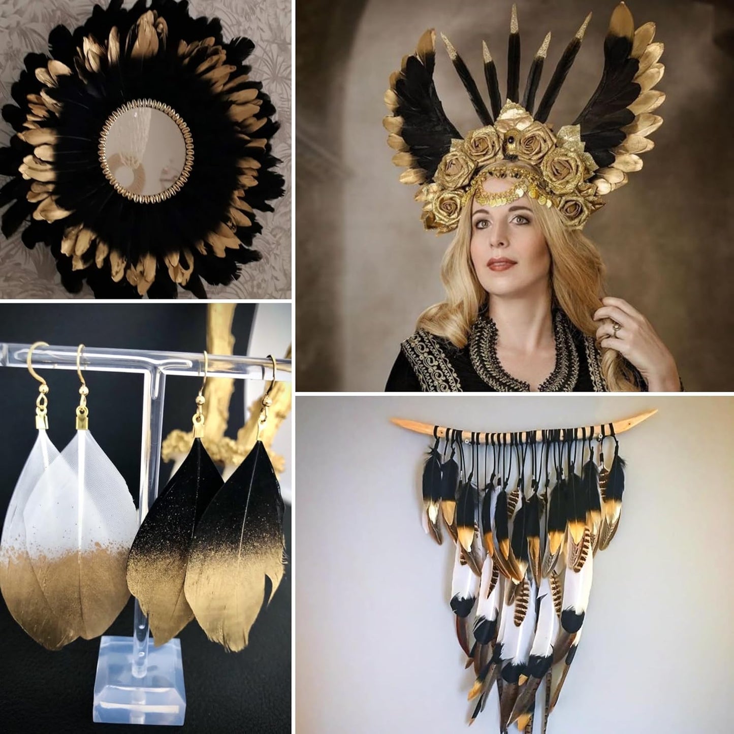 Larryhot Dipped Gold & Black Goose Feathers for Crafts - 6-8 inch 60 pcs Natural Feathers for Wedding Party Decorations,DIY Crafts and Clothing Accessories (Gold & Black)