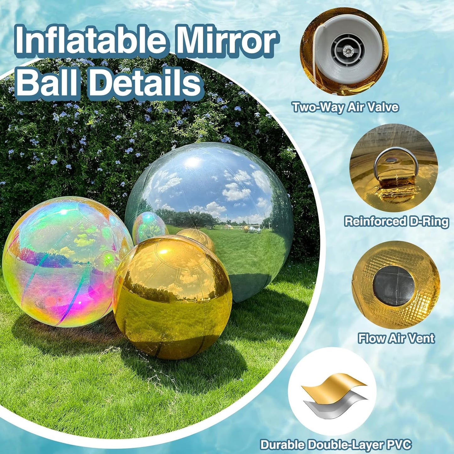 3PCS Gold Inflatable Mirror Ball, Big Shinny Balls Reusable Large PVC Disco Ball Balloon for Large Event Decoration, Party, Concerts, Stage, Wedding Decor, Without Air Pump