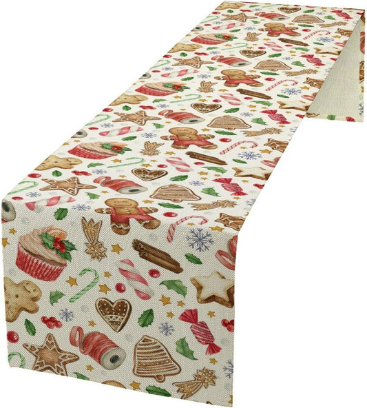 Christmas Table Runner, Christmas Gingerbread New Year Xmas Table Cloth Kitchen Dining Table Decoration for Home Party Decor 13x60 Inch