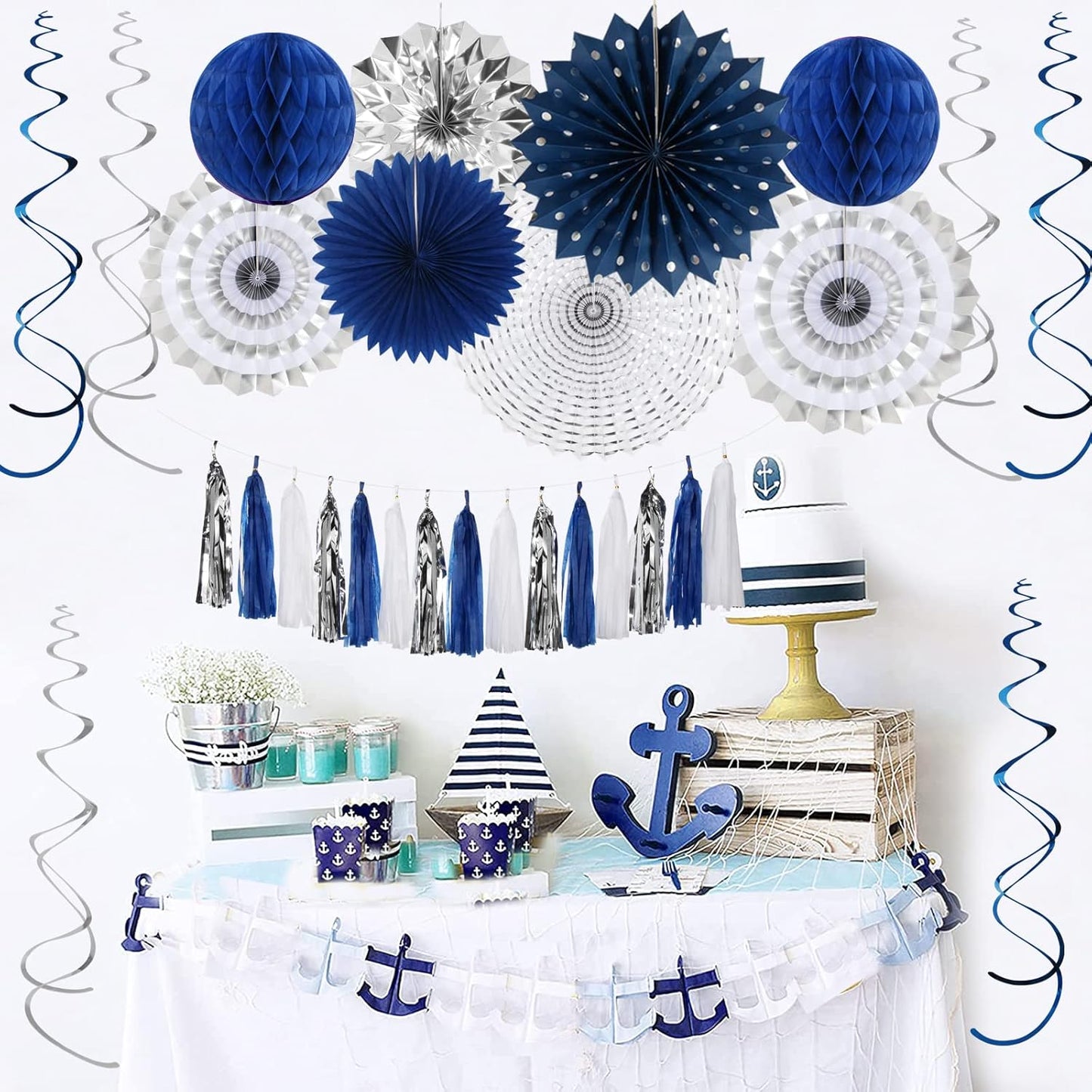 Navy-Blue White-Silver Graduation Party-Decorations - 33pcs Kits Banner, Streamers Tassel Garland,Tissue Pom Poms Honeycomb, Paper Lantern Fans,Wedding Birthday Baby Shower Backdrop Decor Hugtmr