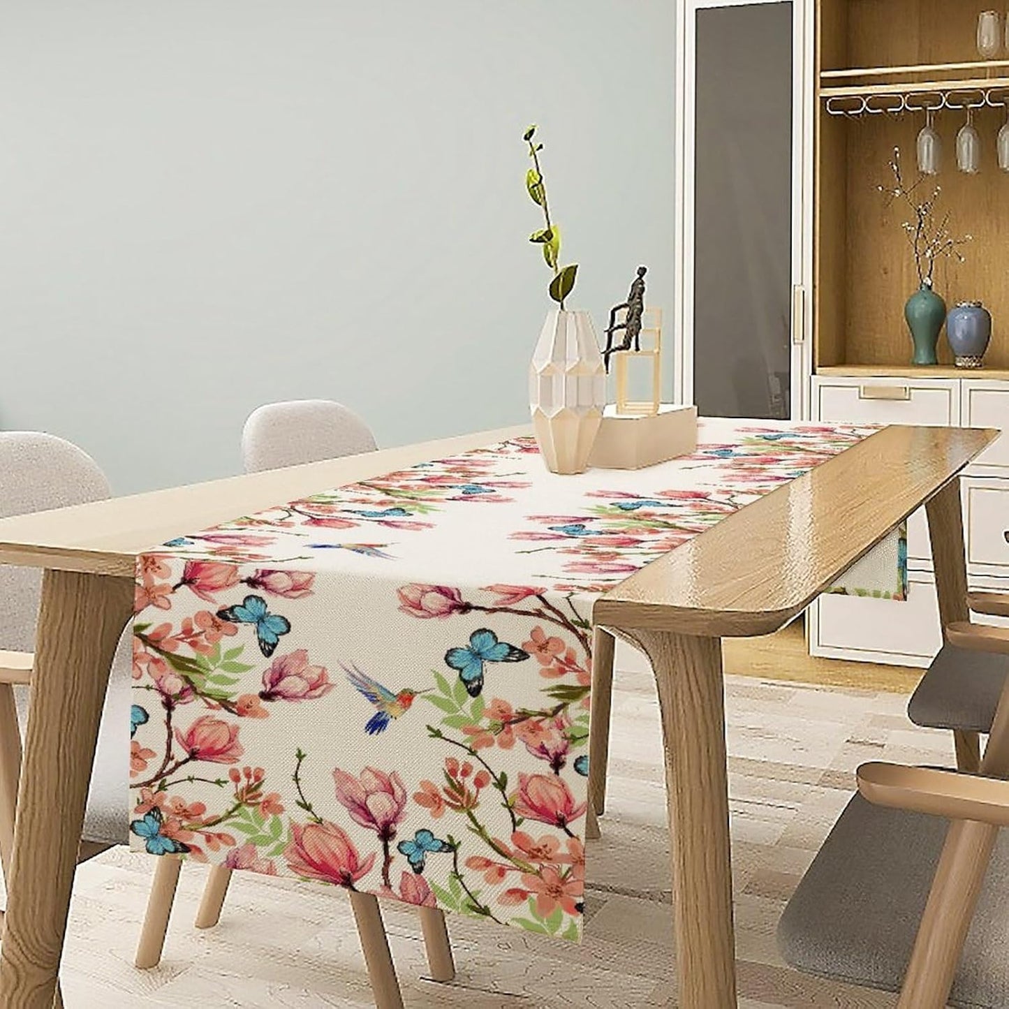 Flowers Table Runner,Floral Bird Butterfly Spring Table Cloth Kitchen Dining Table Home Party Decoration 13x108 Inch
