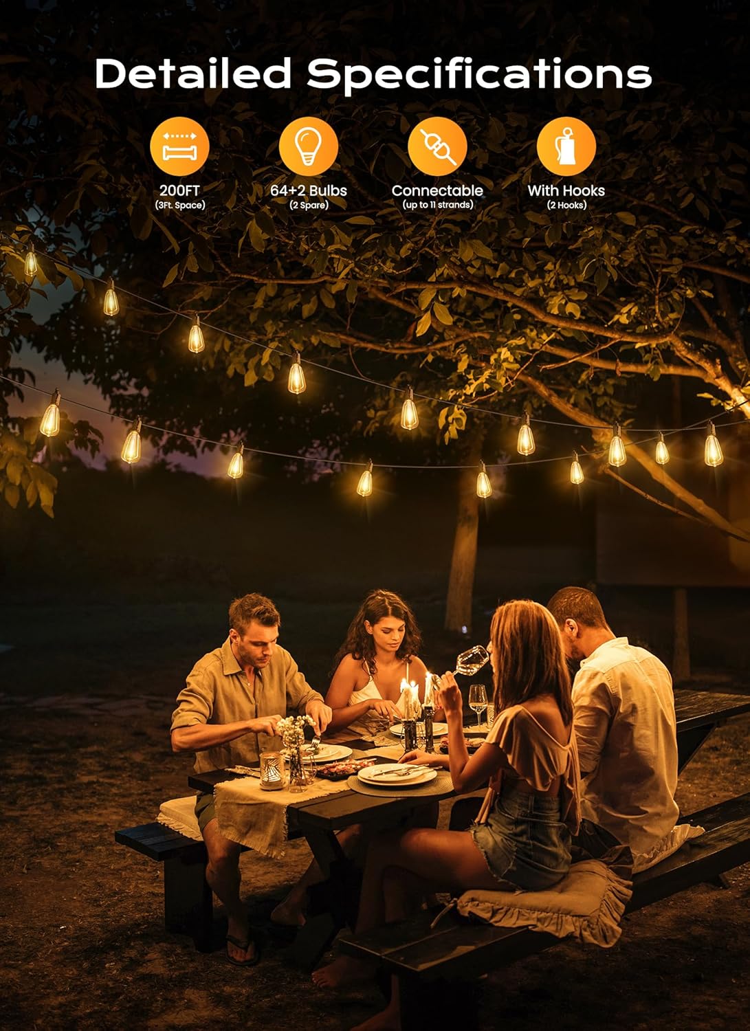 Brightown Outdoor String Lights, 200FT 64+2 LED ST38 LED Patio Lights Shatterproof, Dimmable IP65 Waterproof Connectable Hanging Outdoor Light for Backyard, Porch, Deck, Balcony