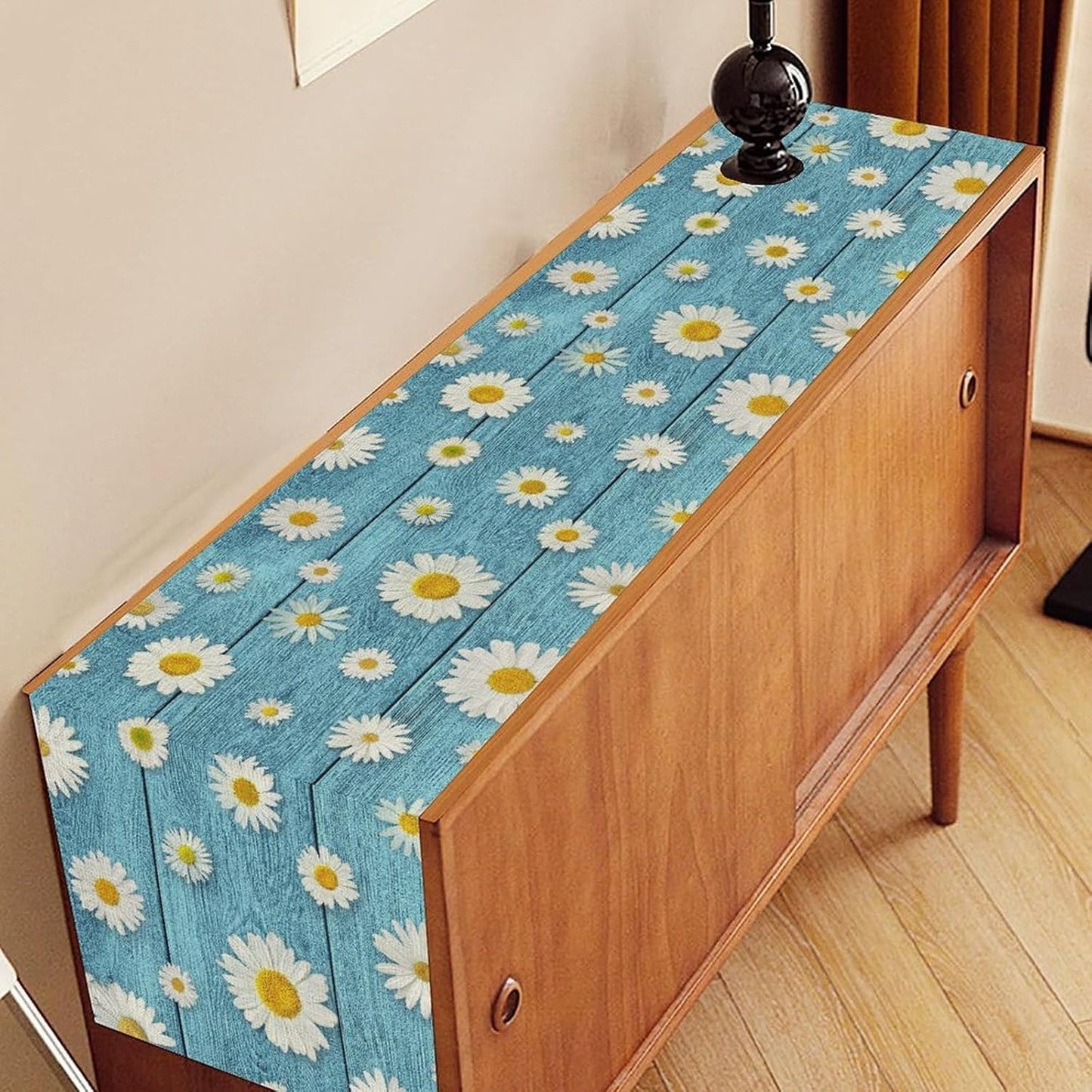 Daisy Floral Table Runner, Spring Seasonal Summer Wild Flower Rustic Country Farmhouse Table Center Decor for Home Kitchen Dining Patio Holiday Party Indoor Outdoor Table Decorations, 13"x72" Inch