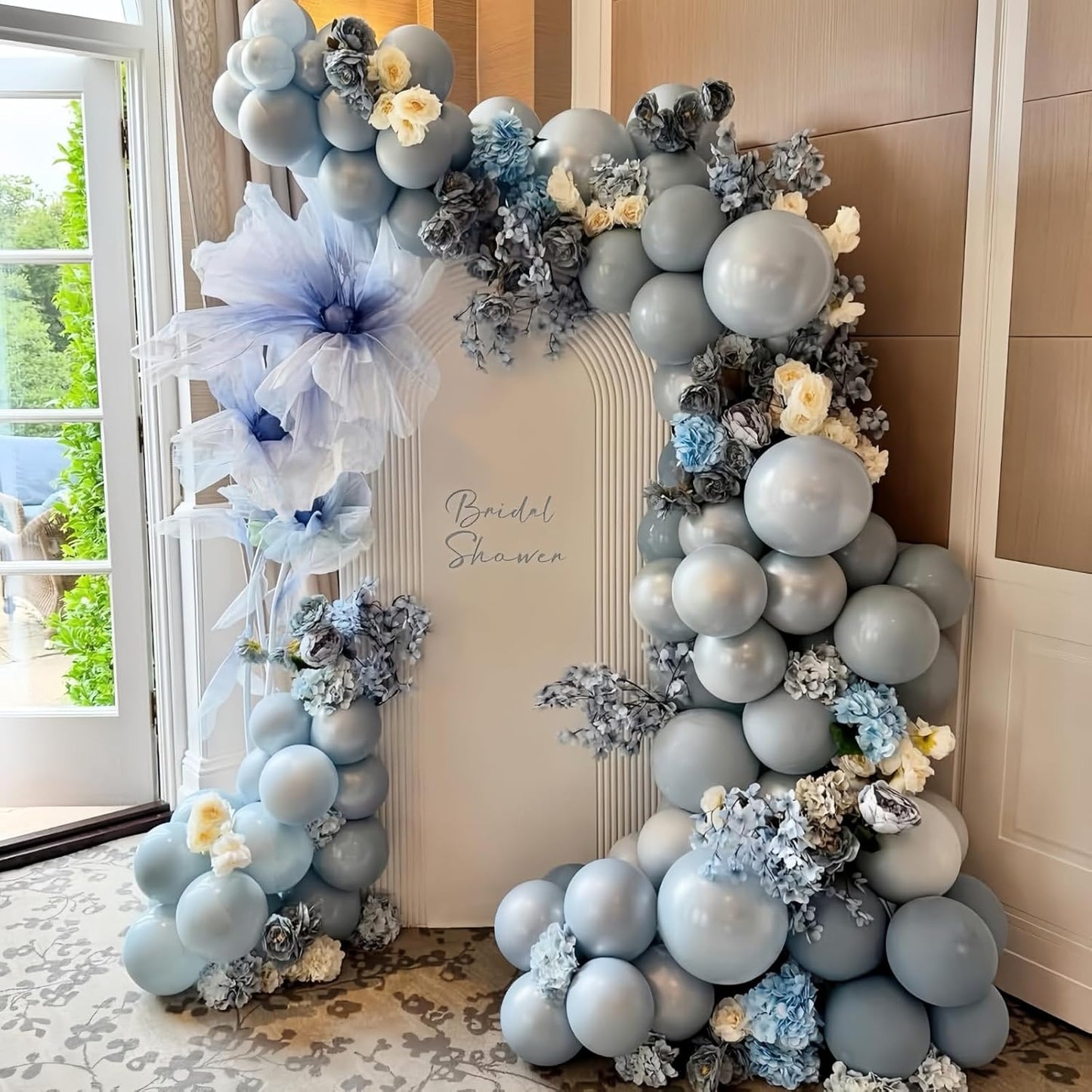 Dusty Blue and White Balloons, Double Stuffed Pearl Light Baby Metallic Chrome Slate Blue Pearl Sand White Balloons, 50pcs 12 Inch Latex Balloon for Baby Shower Birthday Bridal Shower Wedding Decor