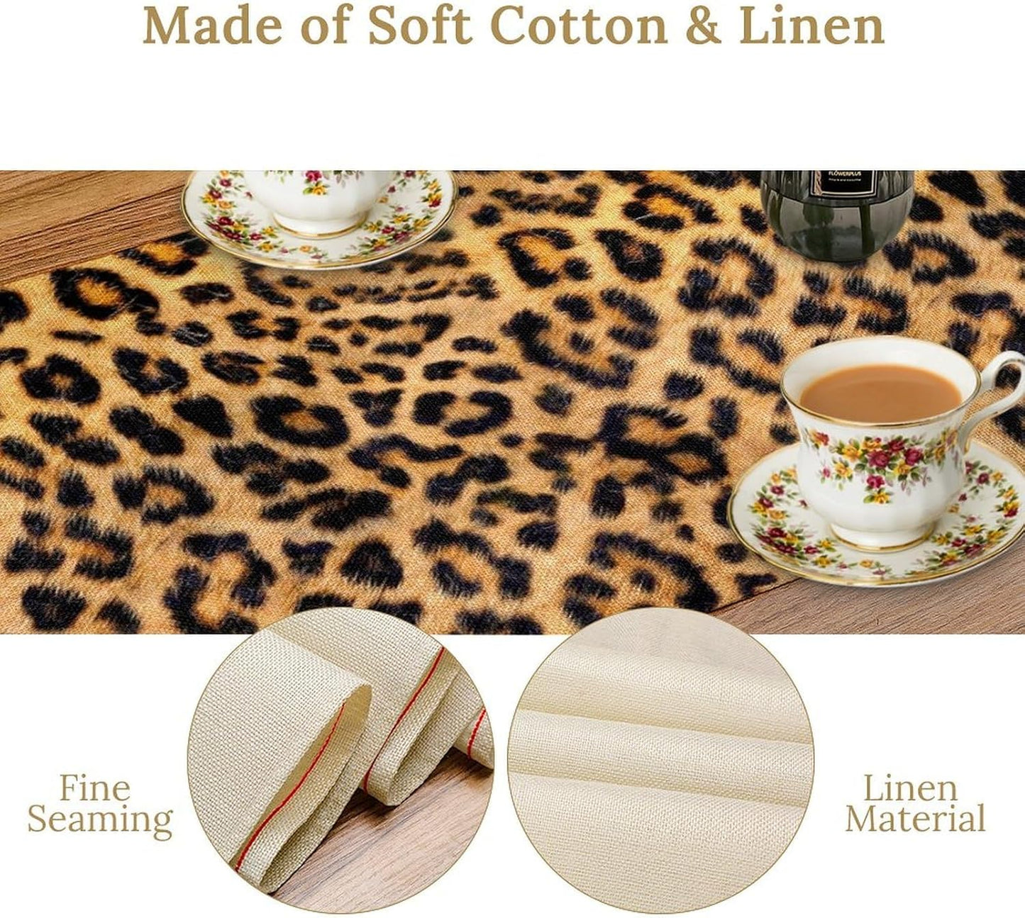 Leopard Print Dinning Table Runner, Cotton Linen Rustic Cottage Country Farm Safari Wildlife Fur Print Table Runners for Table Dresser Runner Dinning Kitchen Party Holidays Home, 13x90 Inch