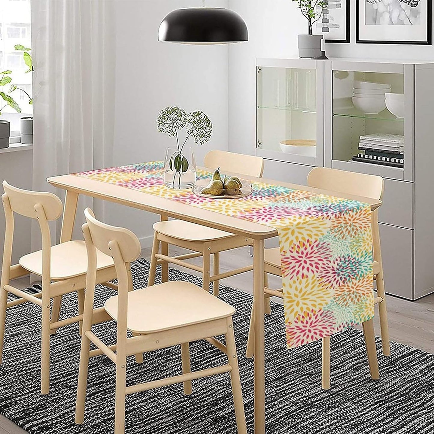 Abstract Flowers Table Runner, Chrysanthemum Dahlia Vintage Modern Colorful Spring Summer Elegant Table Runner for Party Kitchen Dining Living Room Laundry Room Decor, 13x36 Inch