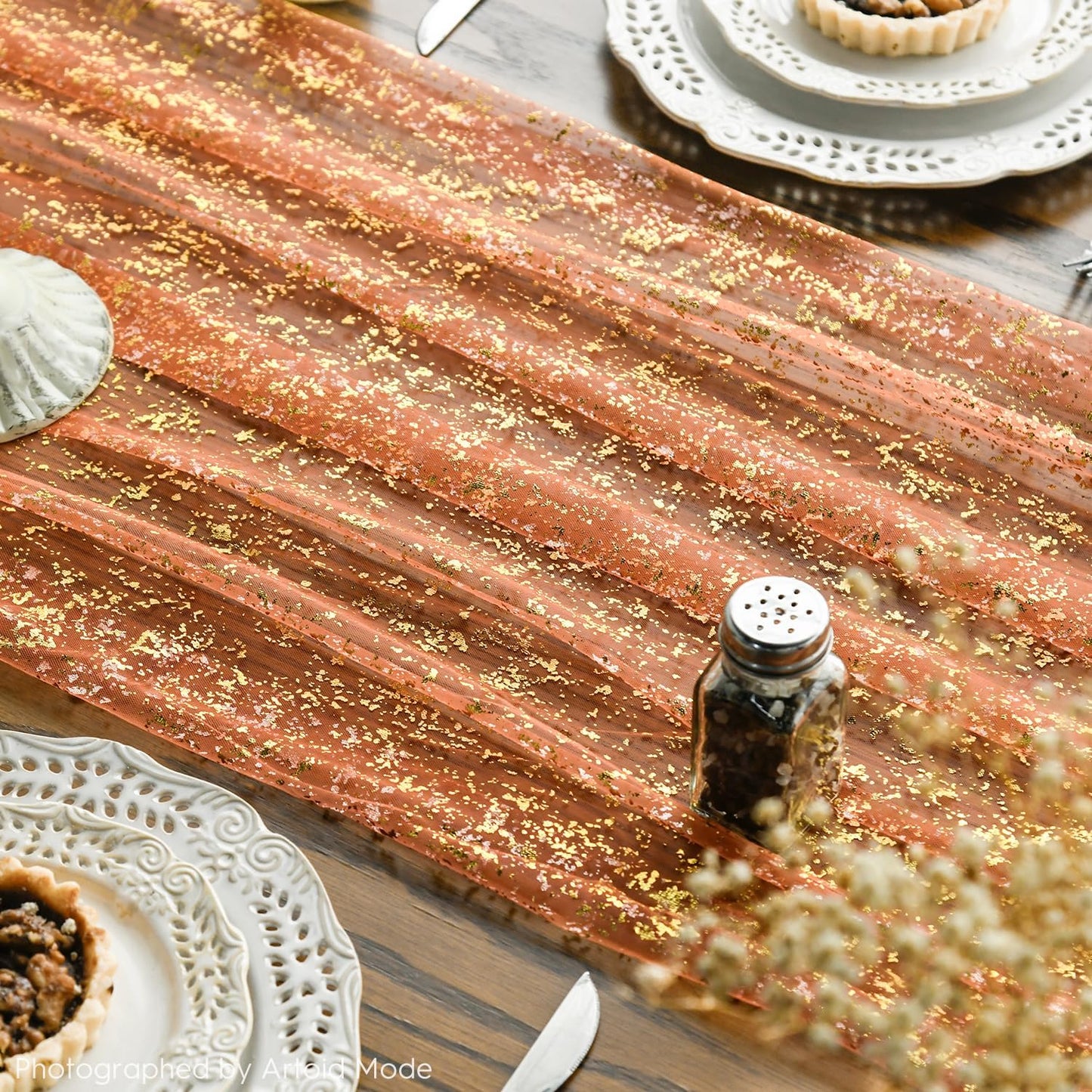 Artoid Mode Orange Gold Gauze Table Runner 120 Inch 10FT, Glitter Metallic Foil Sheer Dining Wedding Anniversary Holiday Table Decor for Home Party