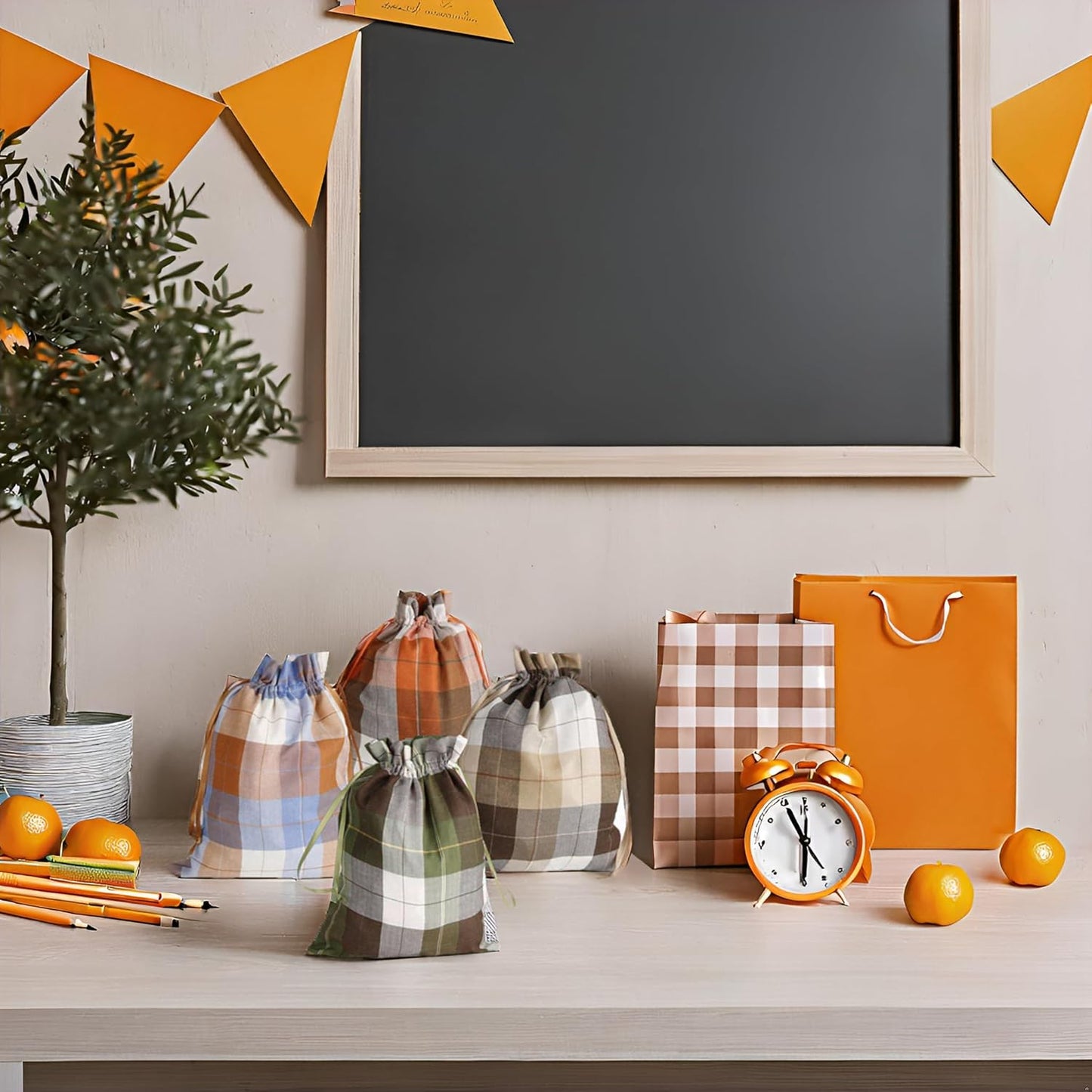 Large Fall Burlap Bags with Drawstrings - Orange Buffalo Plaid & Sage Green Gingham Sacks - Reusable Brown Pouch for Thanksgiving Party Gift Wrapping Goodies (4 Colors, 12x16 inch)