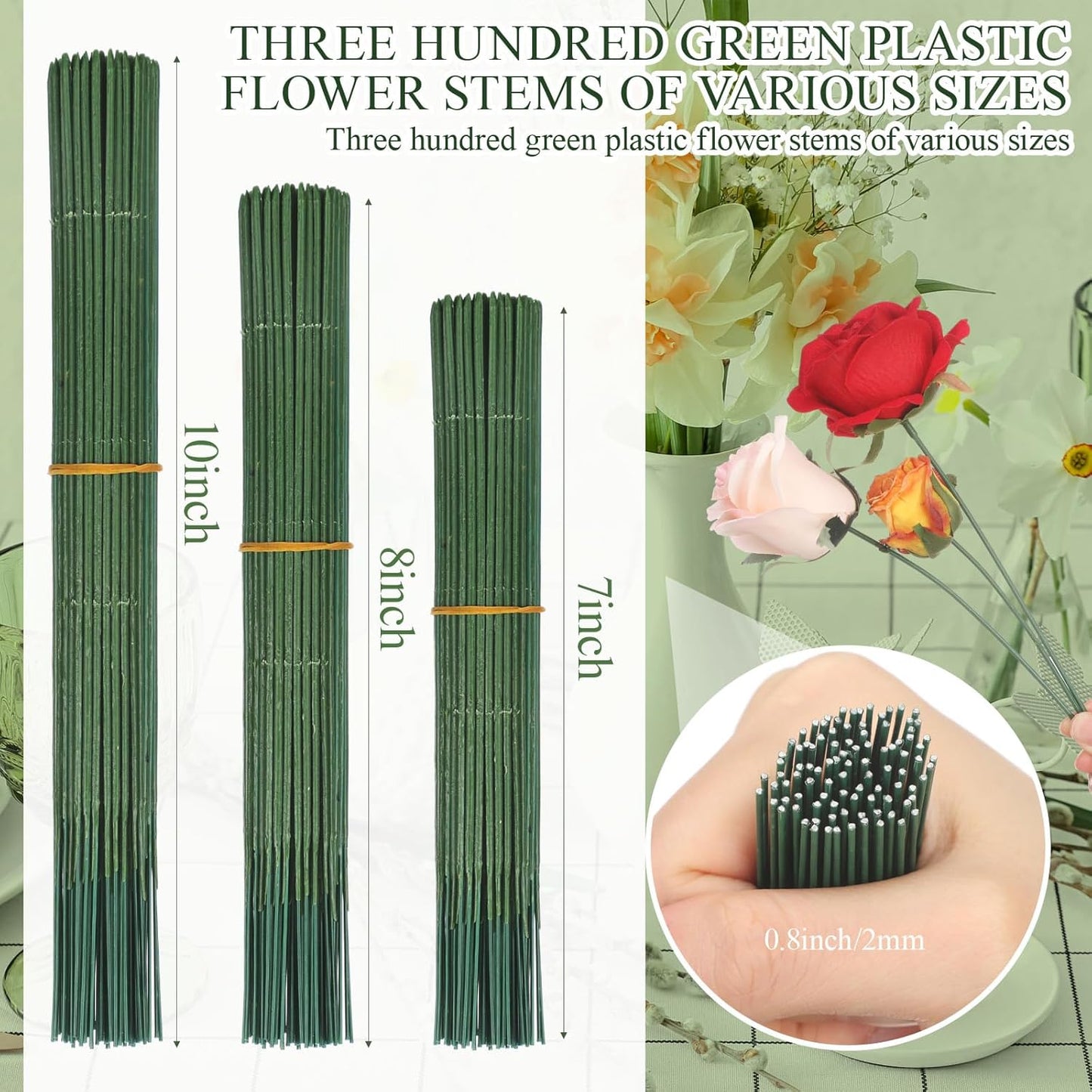300pcs Artificial Flower Stems, 6.7in、8in、10in Plastic Green Floral Wire Stems for Artificial Flower Making, DIY Crafts Bouquet Stem Arrangements Decor Supplies