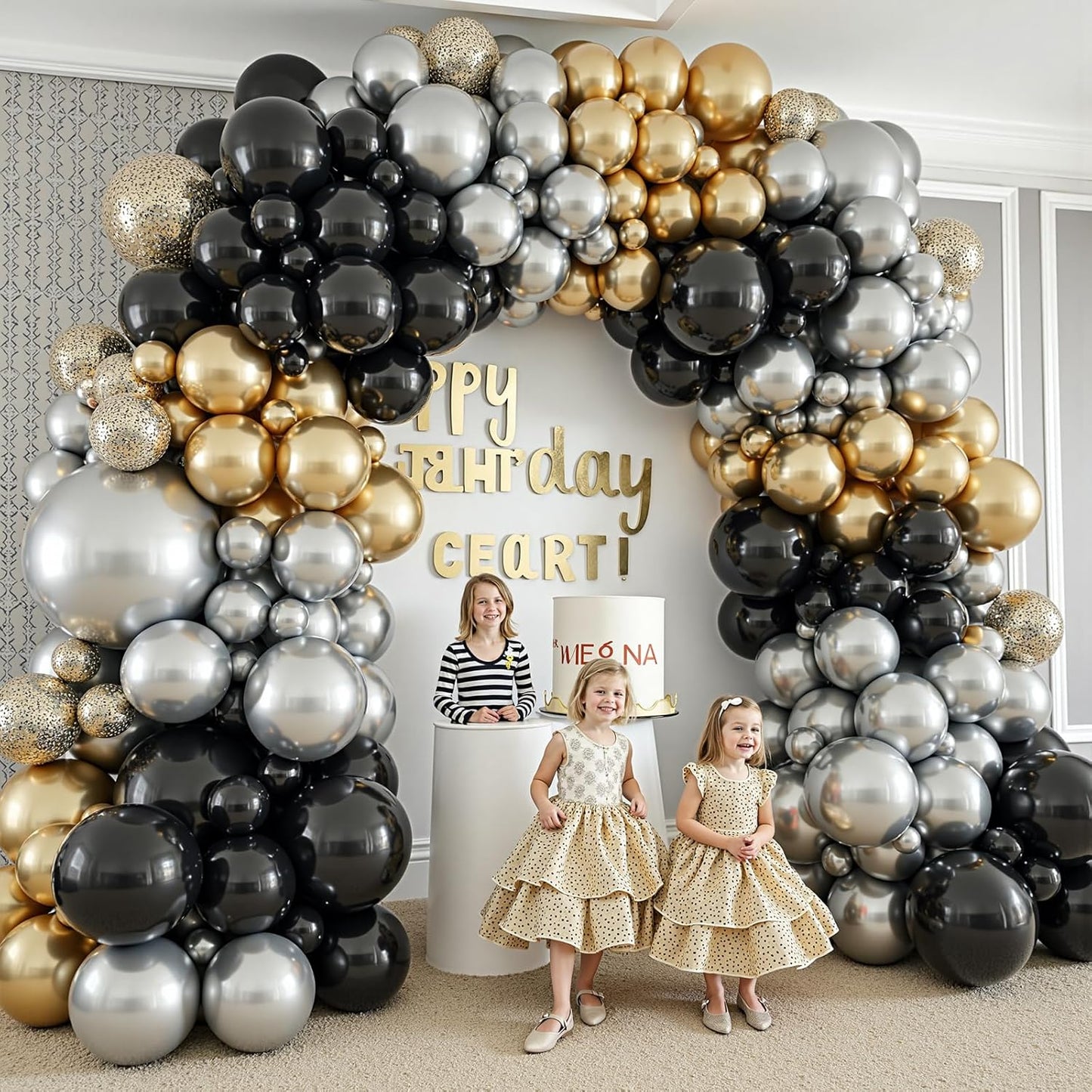 412Pcs Black Gold Silver Balloons Garland Arch Kit,18 12 10 5 Inch Different Size Latex Balloons for Graduation Birthday Wedding Party Decorations
