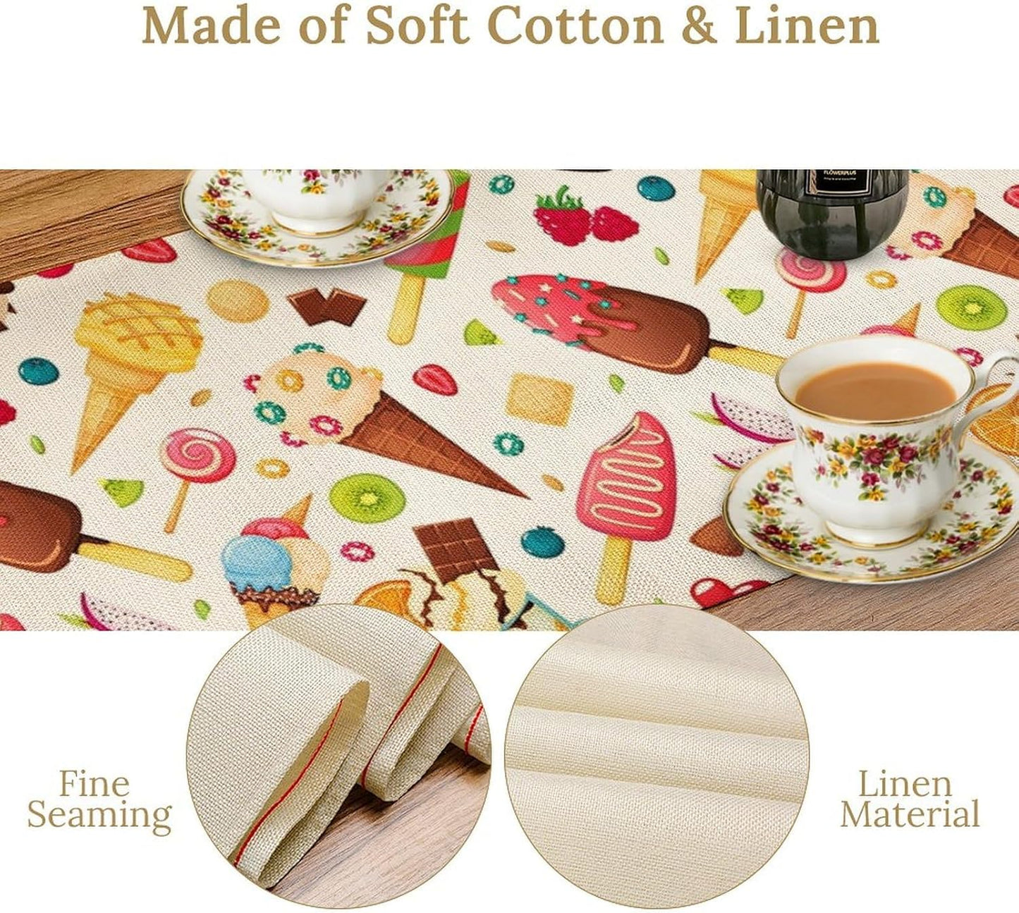 Ice Cream Table Runner, Fruit Ice Popsicles Cold Summer Desserts Seasonal Dinner Runner for Party Holiday Home Kitchen Dining Table Decor 13"x90"