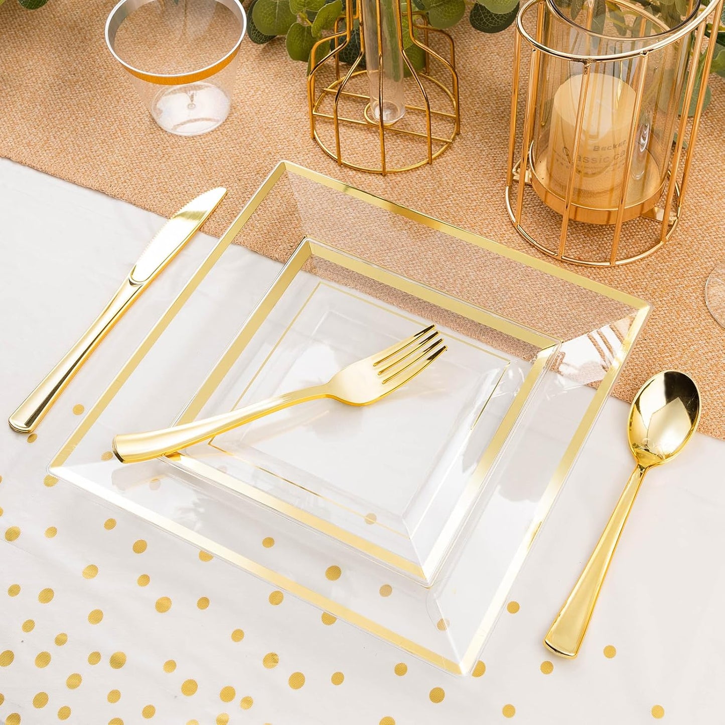 Goodluck 352-Piece Clear Plastic Dinnerware Set for 50 Guests, Includes: 100 Clear Square Plates with Gold Trim, 50 Rolled Napkins, 50 Cups, 50 Cutlery Set and 2 Tablecloths