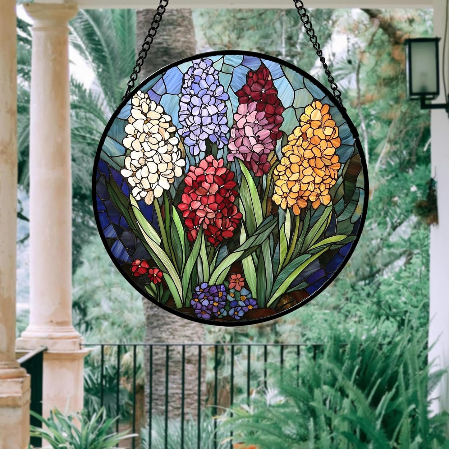Stained Glass Window Hanging, Colorful Hyacinth Flowers Suncatcher for Doors Window Home Plant Sun Catchers Decoration Mother's Day Birthday Gifts for Women, Men, and Mom 7.8x7.8 in