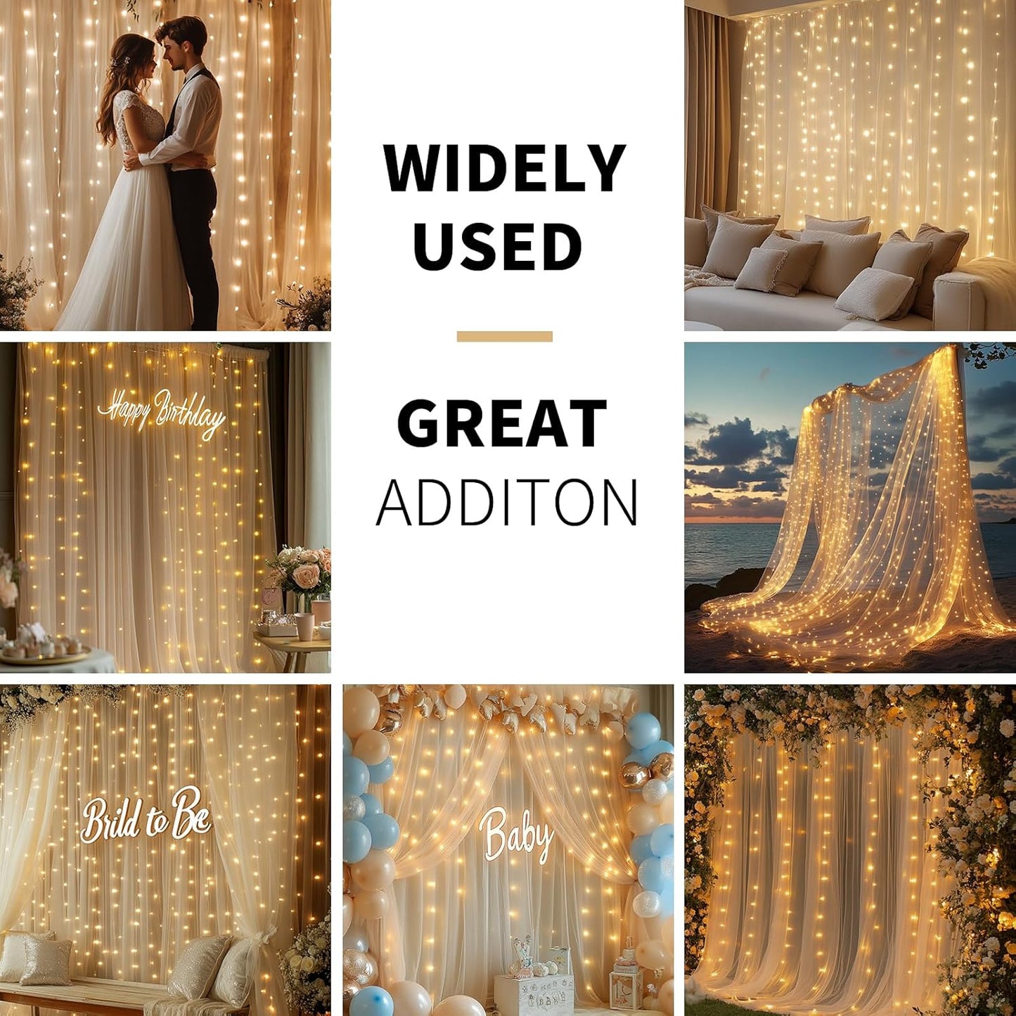 Champagne Tulle Backdrop Curtain with Lights String - 10x8ft Sheer Backdrop with 250 LEDs for Wedding, Baby Shower, Bridal Shower, Birthday Party Photo Shoot Background and Home Decorations
