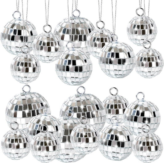 20 Pcs Mirror Disco Ball Hanging Ornaments Silver Glass Decor 70s Disco Party Decorations Ornament with Rope for Dance Birthday 70s Theme Party