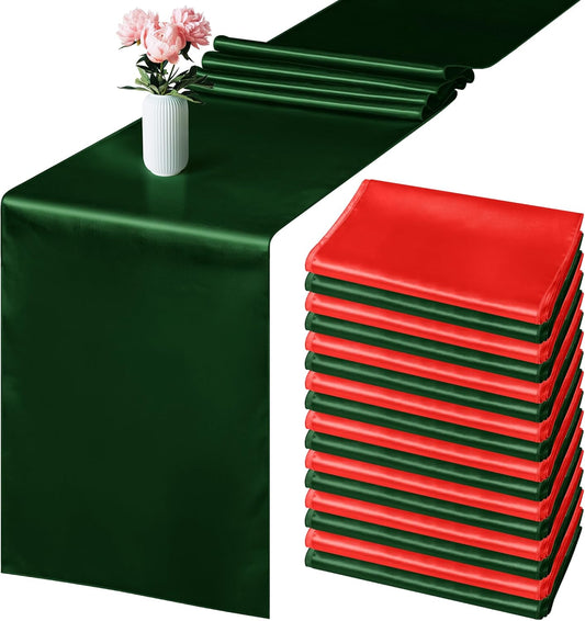 Aneco 16 Pack Christmas Satin Table Runner 12 x 108 Inch Xmas Red, Black Green Long Wedding Satin Silk Table Runner for Wedding Banquet Graduations Birthday Christmas Party Decoration