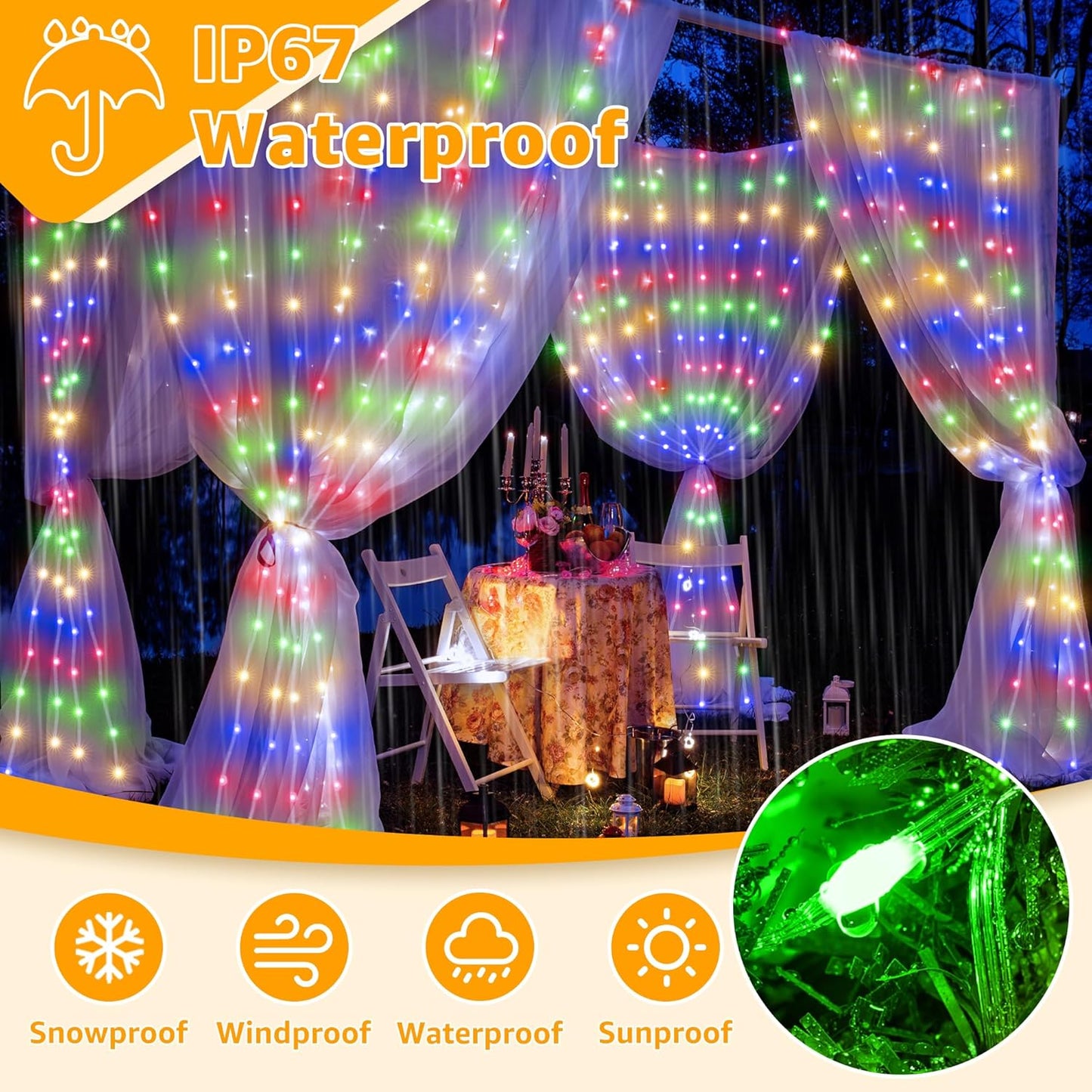 Ollny Curtain Lights 600LED 19.7ft x 9.8ft, IP67 Waterproof Outdoor Curtain Rice Lights with Remote, Plug-in Untangle Fairy Light with 8 Modes 3 Timers for Wall Waterfall Backdrop Decor(Multicolored)