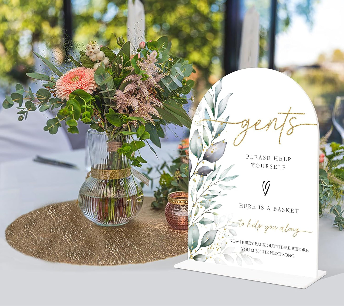 Acrylic Wedding Signs, Greenery Theme Gents Please Help Yourself Sign, Bridal Shower Table Decor with Stand, Wedding Bathroom Basket Supplies for Engagement, Anniversary, Newlywed Event and Party, 08