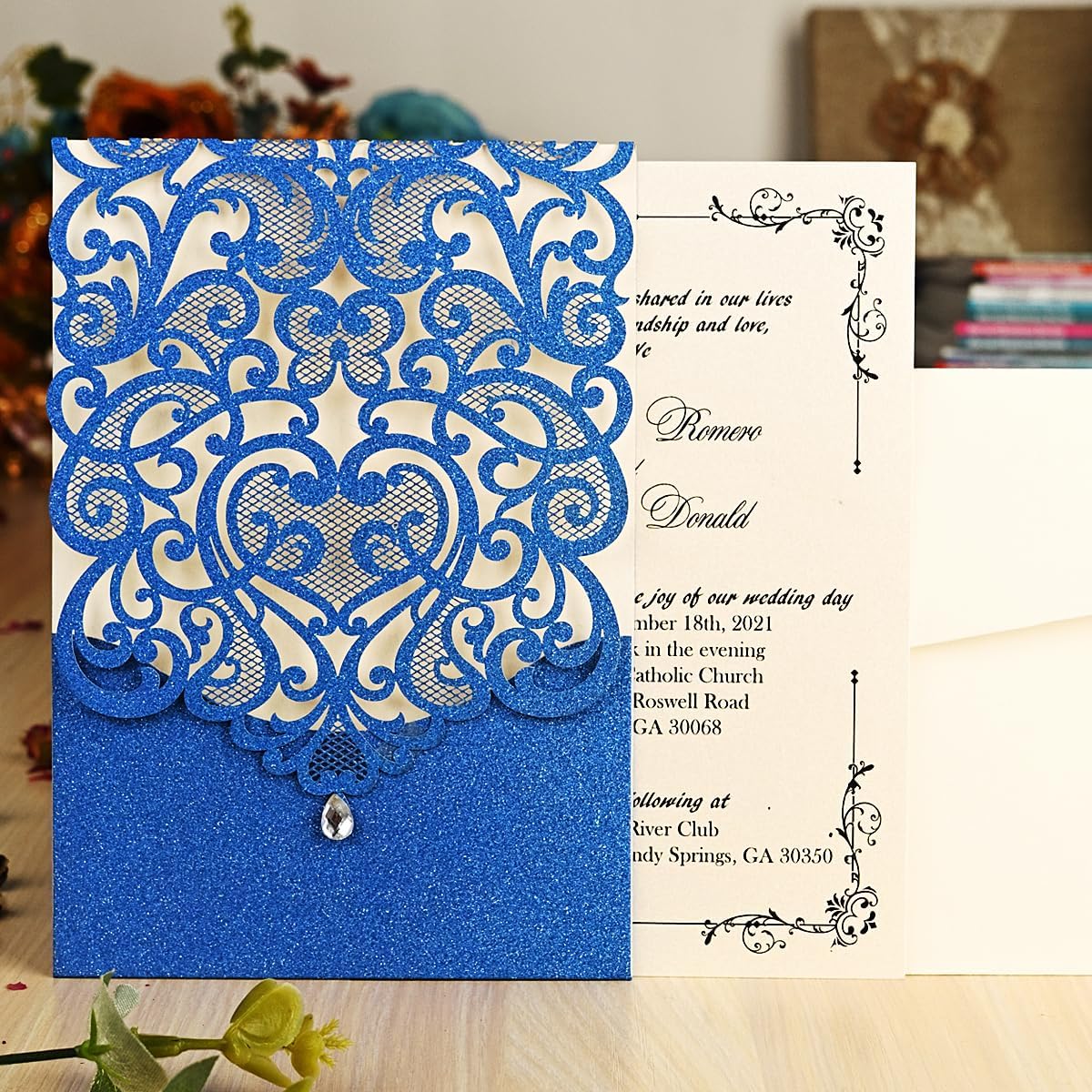Hosmsua 50PCS Wedding Invitations Cards 5 x 7.3 Inch Laser Cut Hollow Rose Invitation with Rhinestone for Bridal Shower Engagement Quinceañera (Royal Blue Glitter)