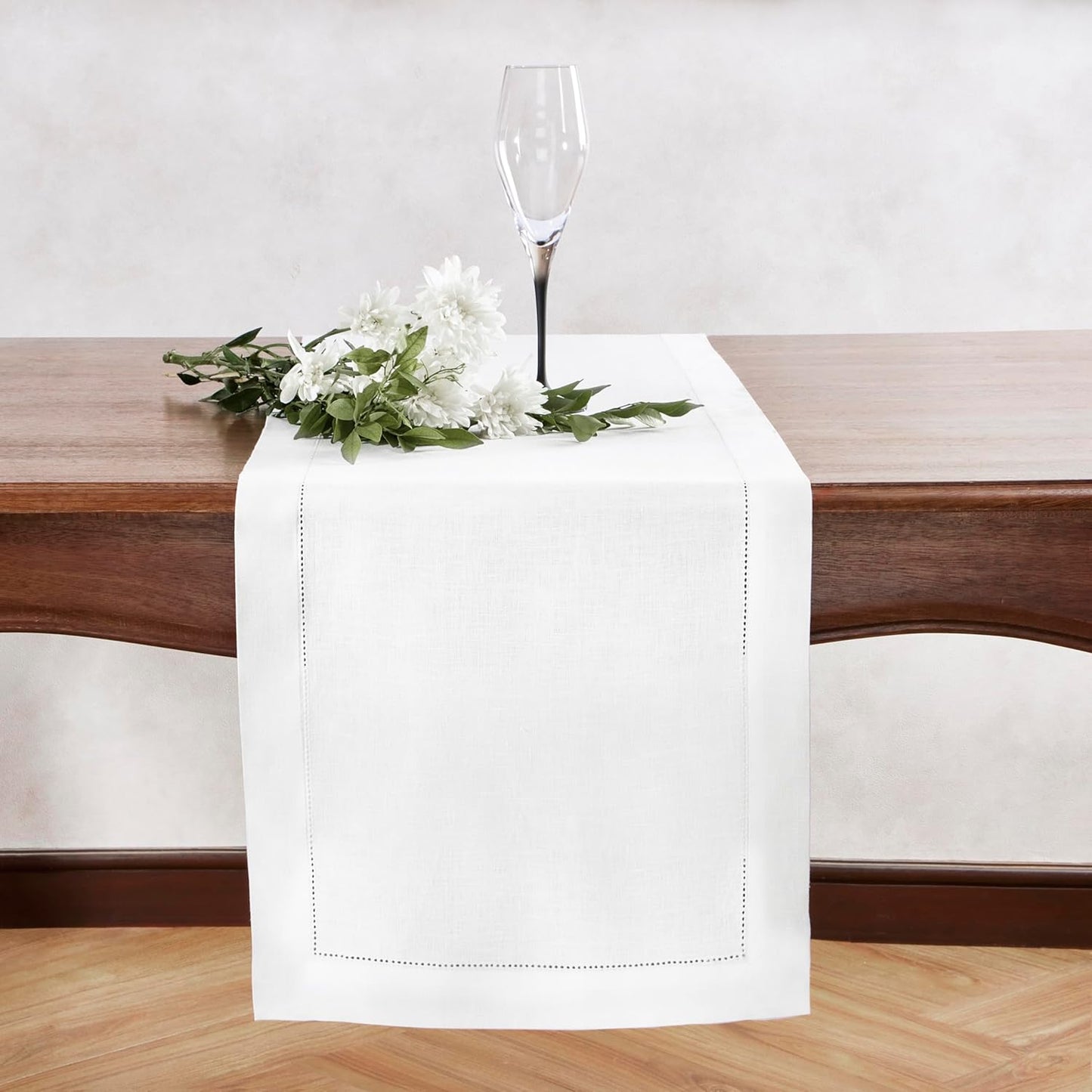 Linen Table Runner 48 inches – 100% Pure Linen Off White Medium Weight Hemstitch Table Runner 14 x 48 Inch – Ideal for Dresser and Coffee Tables, Spring, Summer, Wedding Gift – Azure