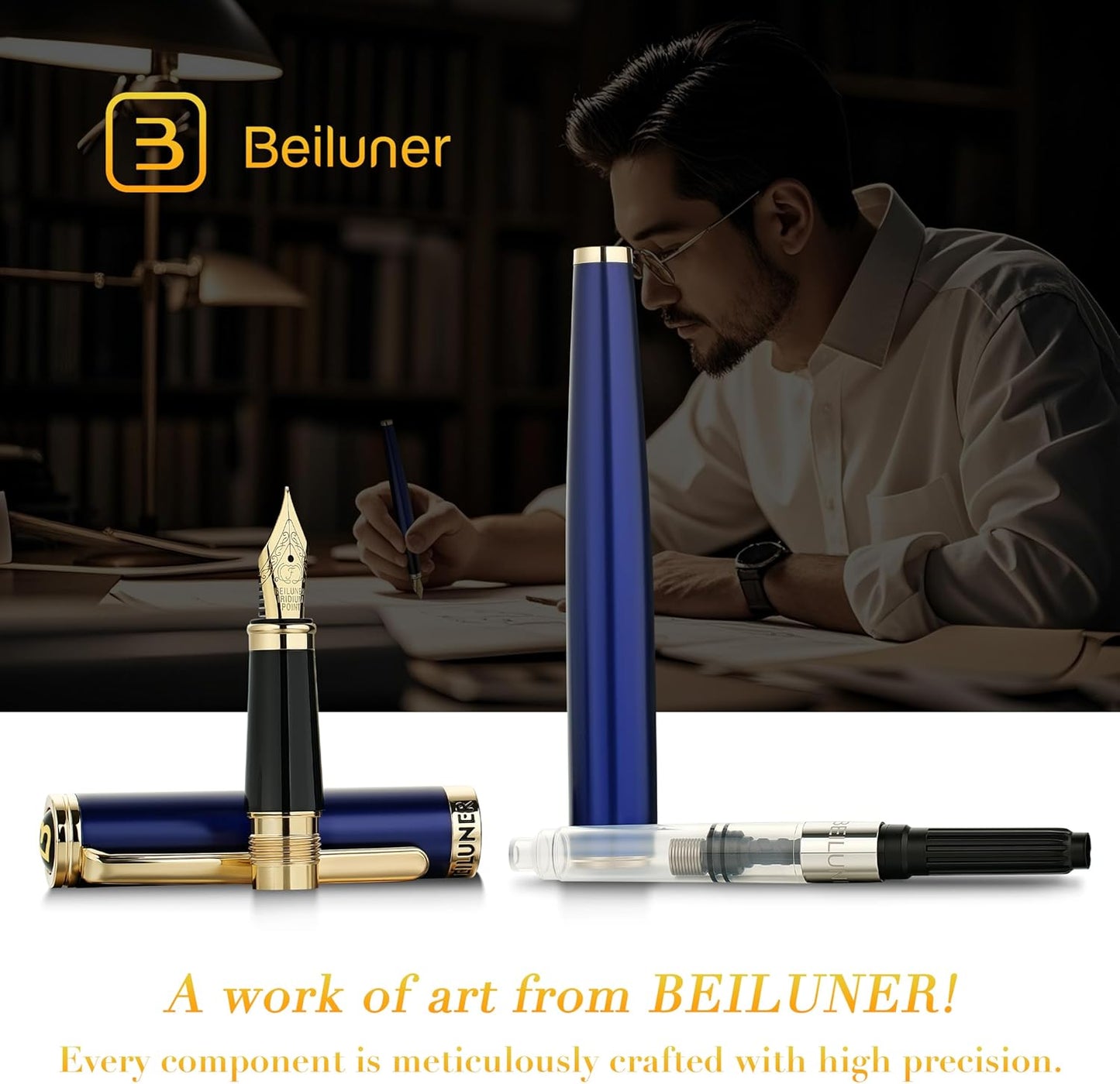 BEILUNER Blue Fountain Pen,Stunning Luxury Pens with 24K Gold Finish, Gorgeous 24K Gilded Nib(Fine), Trustworthy Pen Gift for Men&Women -Ink Converter-Elegant, Graduation,Nice Pen for Writing