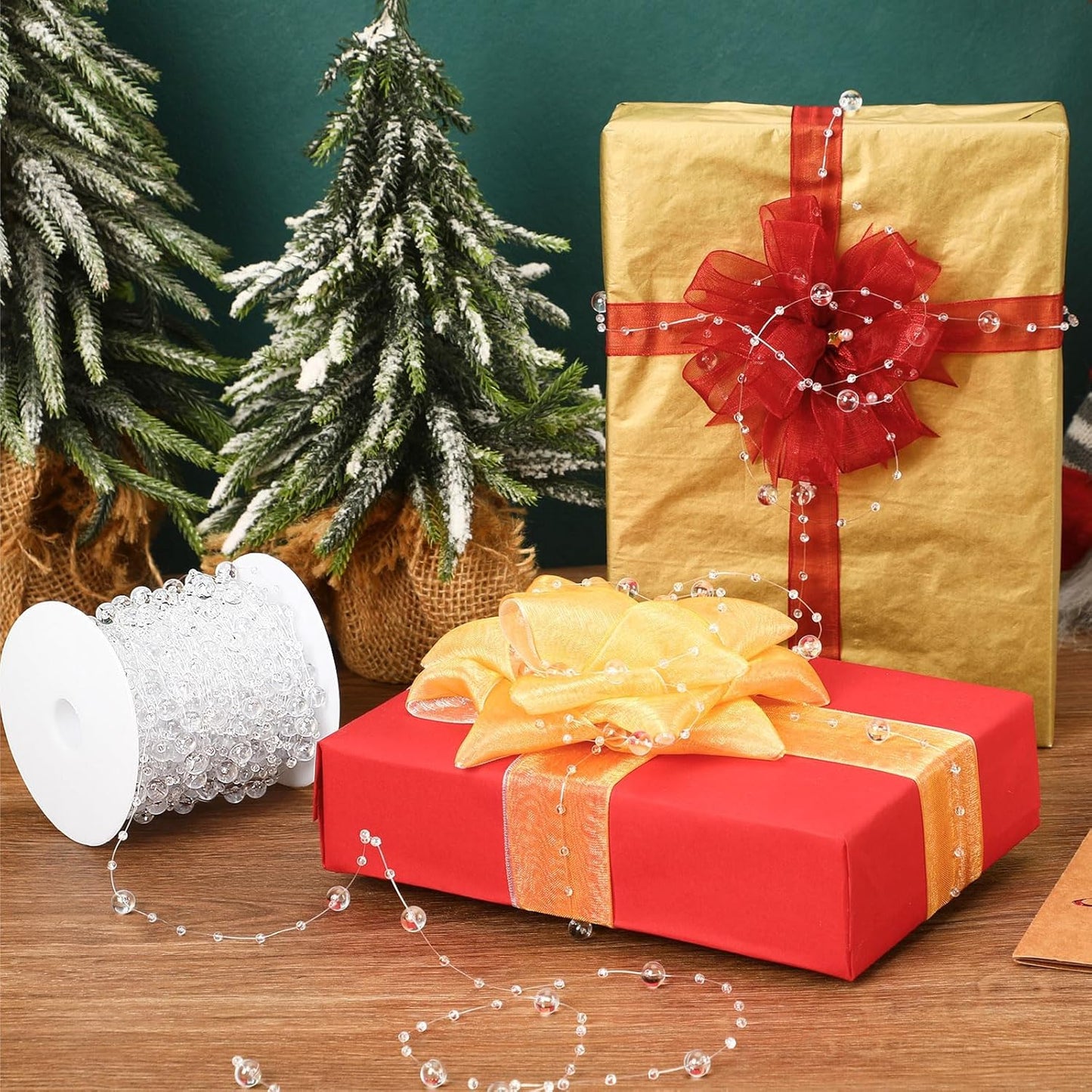 JULBEAR Beads Garland Decoration, 1Rolls 131Feet Clear Christmas Pearl Strands Chain Bead Garland for Christmas Tree Fireplace Wreath Gift Bouquet Crafts Wrapping Wedding Party Centerpieces