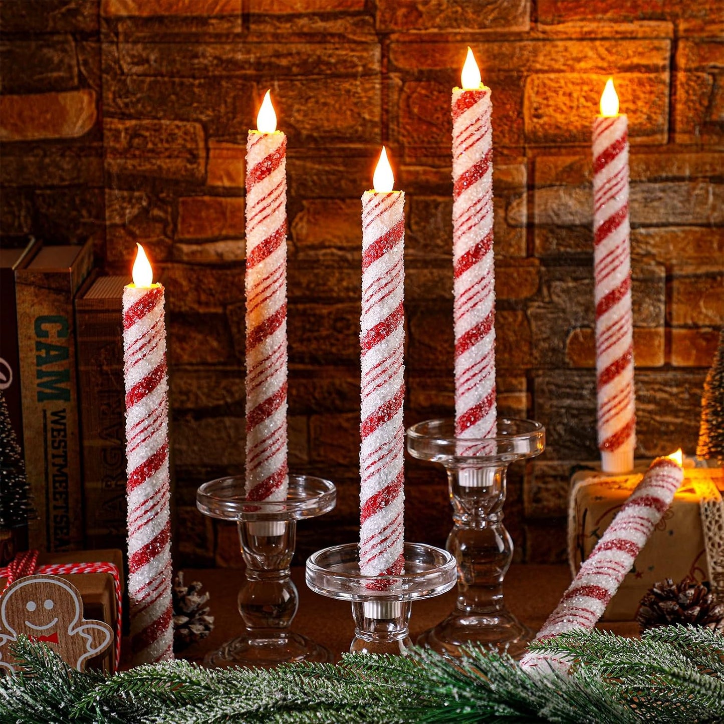 Baquler 6 Pcs Christmas Flameless Taper Candles 10.6 Inch Sea Salt Candy Cane Candles Battery Operated LED Christmas Candlesticks for Xmas Centerpiece Holiday Party Decor