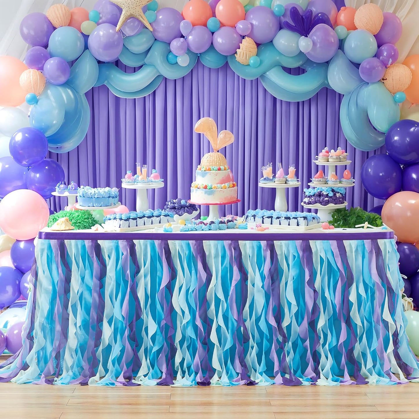 Partisky Mermaid Tulle Tutu Ruffle Curly Willow Table Skirt for Rectangle Table 17ft, Mermaid Themed Party Table Cloth for Girls Birthday Party or Baby Shower