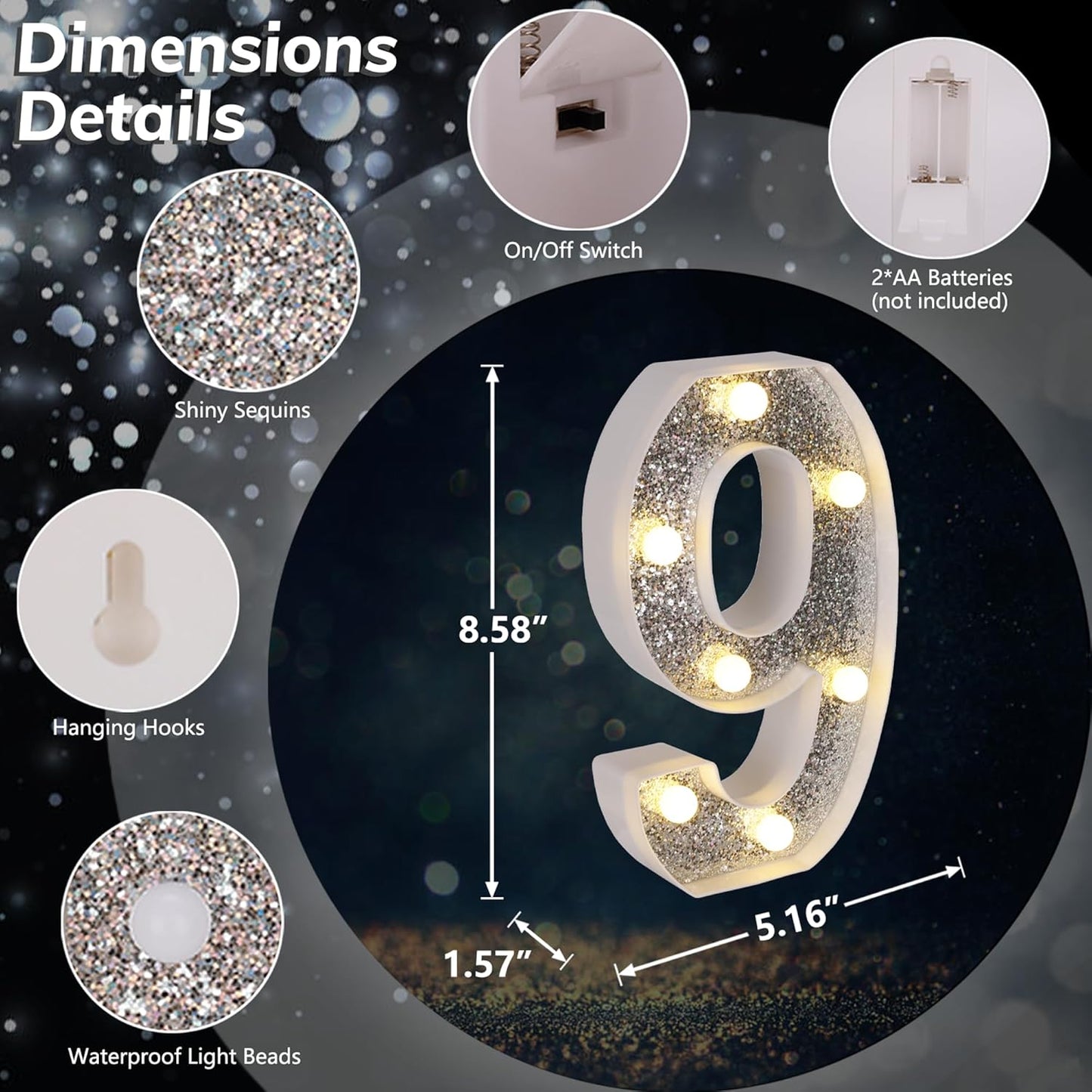 Marquee Light Up Letters, Glitter Silver LED Letter Lights Battery Powered Alphabet Letter Sign for Night Light Wedding Birthday Party Cafe Bar Decoration Girls Room Decor - Number 9