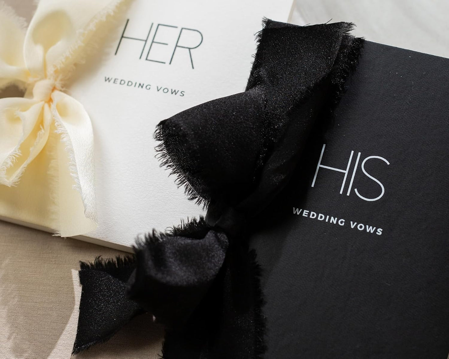 Black White His Her Slim Vow Books w/Ribbon (Set of 2) - 5.625 x 4" Minimalist Pocket Sized Modern Wedding Ceremony Vow Renewal Speech Notebook Journal
