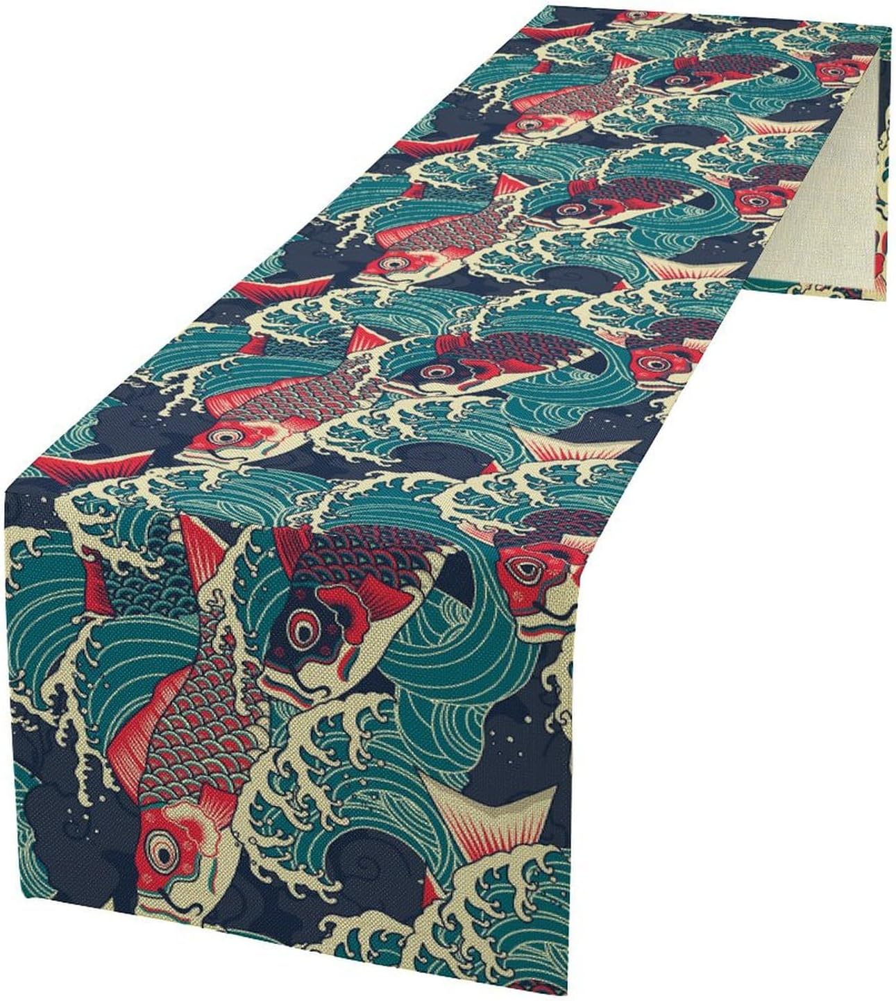Kio Fish Table Runner Waves Japanese Tradition Art Printed Burlap Runner Home Kitchen Dining Table Living Room Decor Fabric 1 Panel W13xL70in