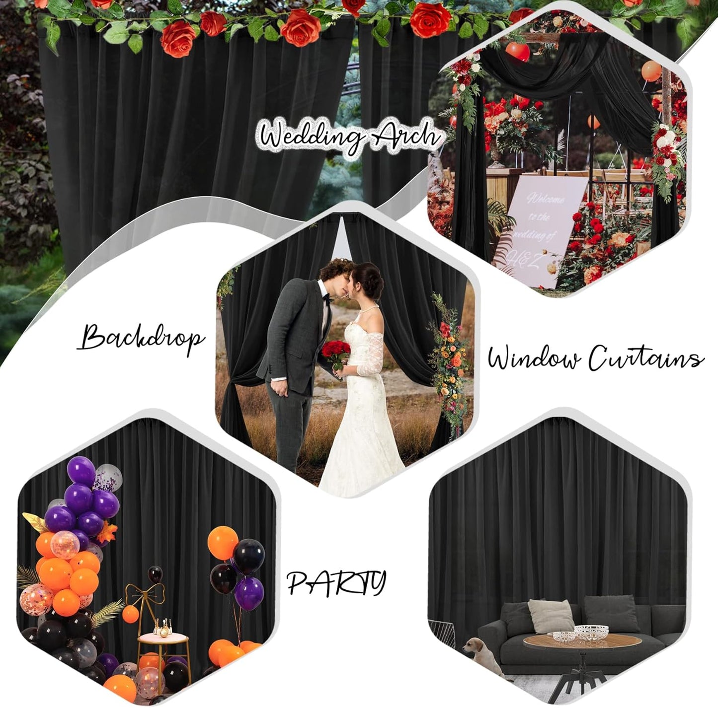 PARTISKY 10ftx10ft Black Chiffon Sheer Backdrop Curtains, Wrinkle-Free Wedding Backdrop Drapes for Birthday Party Ceremony Arch Stage Decor Background for Photography 5ft x 10ft,2 Panels