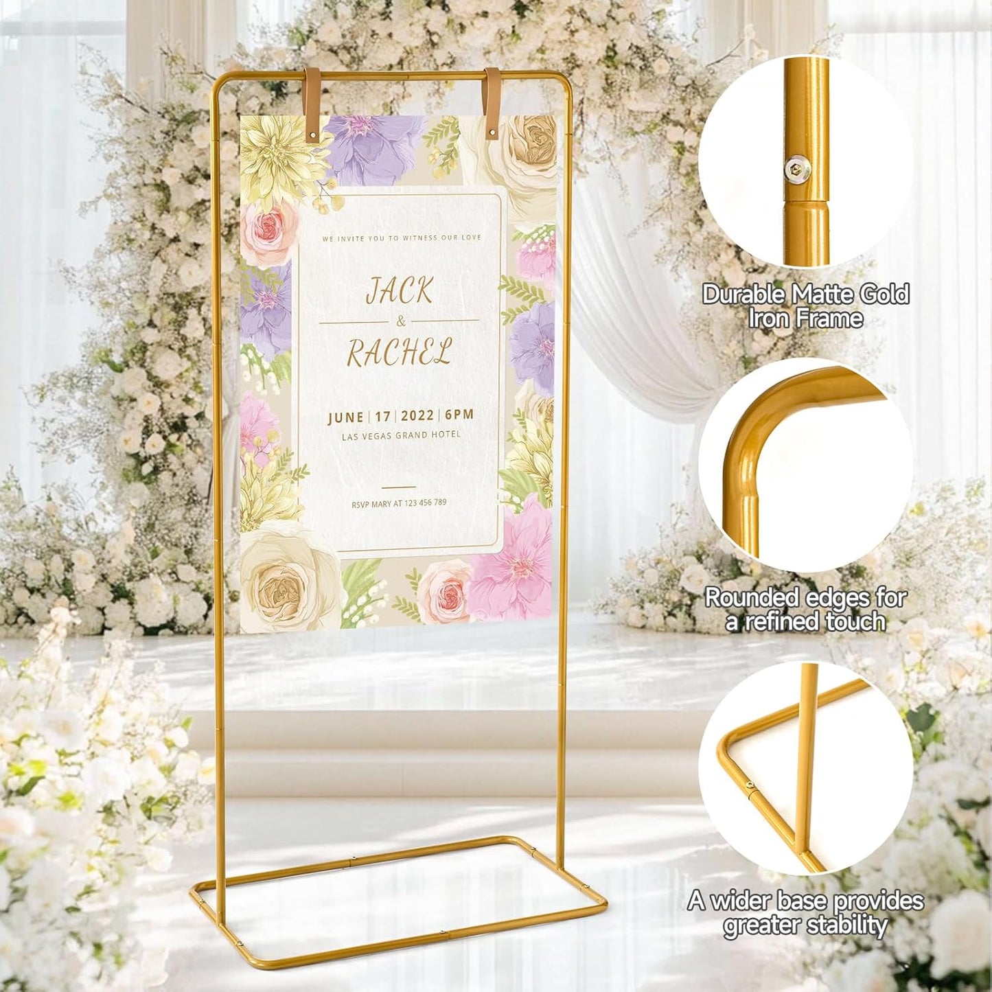 Wedding Sign Stand - Adjustable Wedding Sign W/Design Bundle & Leather Sign Hanging Straps, Durable Metal Easel Stand for Wedding Welcome Signs, Seating Charts, Ceremony & Reception Decor (Gold)