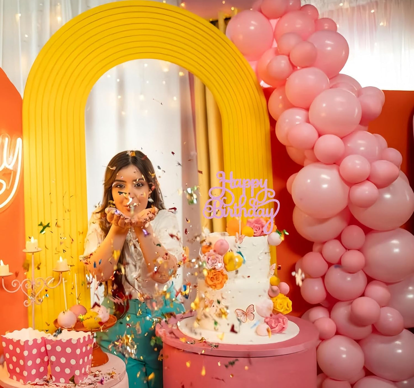 Happy Birthday Cake Topper - Pink Glitter Birthday Party Cake Decoration Supplies - Happy Birthday Cake Decor, for Anniversary/Birthday Party Supplies Photo Booth Props