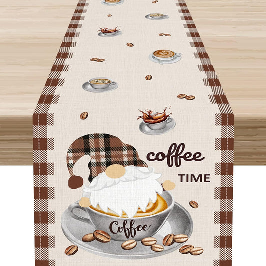 Coffee Time Table Runner, Farmhouse Retro Gnome Coffee Cup Tea Party Cafe Table Center Decor for Home Kitchen Dining Patio Holiday Party Indoor Outdoor Table Decorations,13"x72" Inch