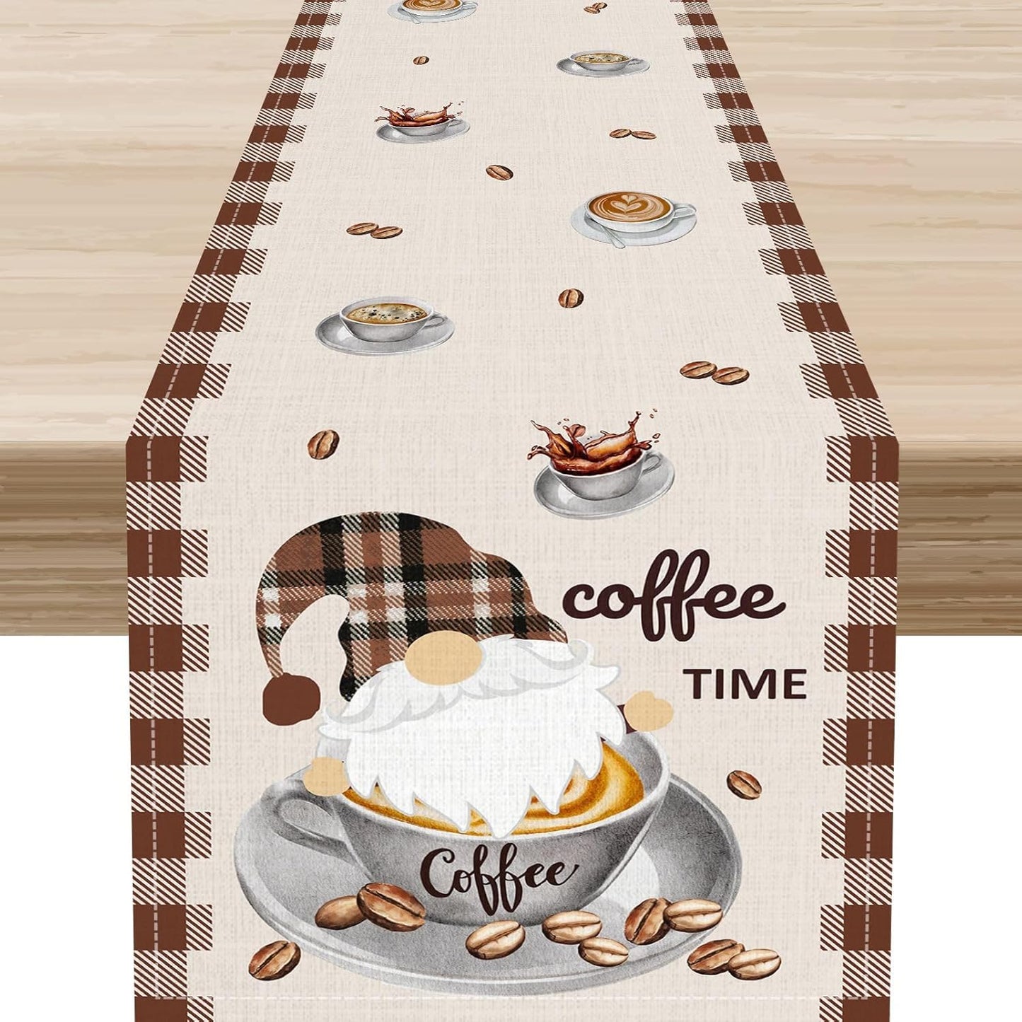 Coffee Time Table Runner, Farmhouse Retro Gnome Coffee Cup Tea Party Cafe Table Center Decor for Home Kitchen Dining Patio Holiday Party Indoor Outdoor Table Decorations,13"x108" Inch