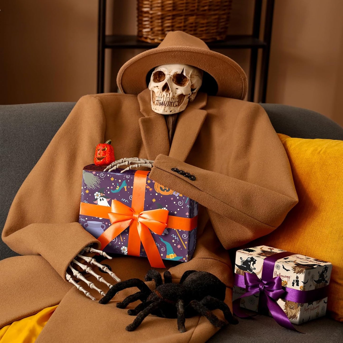 LeZakaa Purple Halloween Wrapping Paper Roll, Cute Trick-or-Treat Ghosts Pumpkins Witch Hats Gift Wrap for Kids Teens Adults, Halloween Decor, Party Favors, Mini Roll 17 in x 16.4 Ft