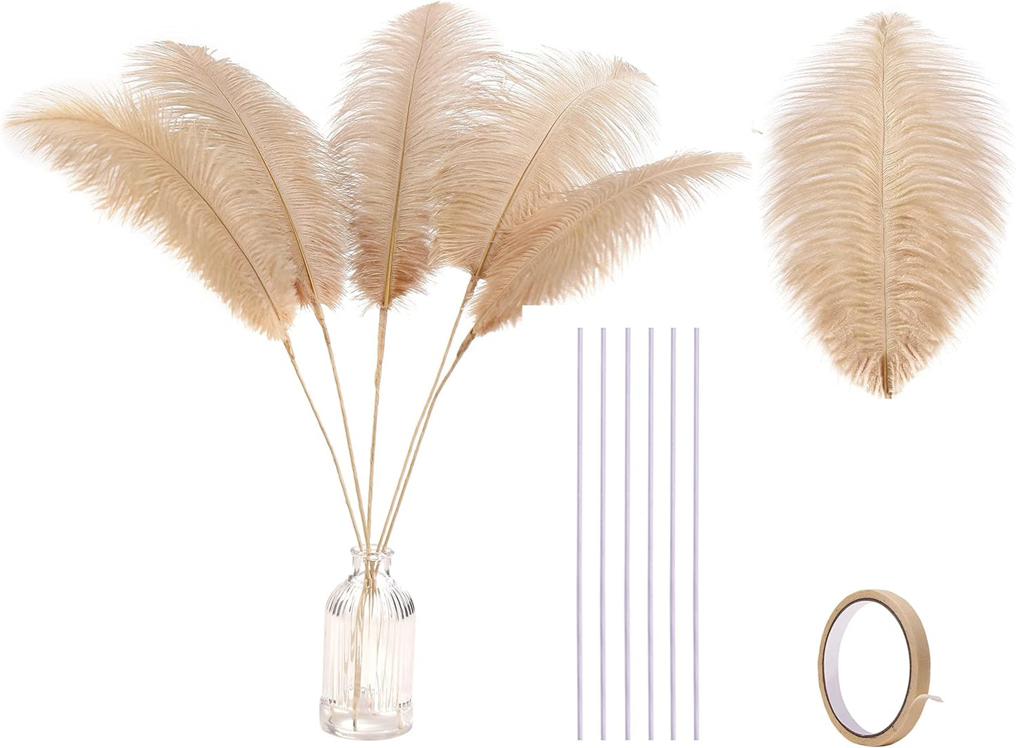 Holmgren Champagne Large Ostrich Feathers - 20pcs Making Kit 22 Inch Boho Feather Decor for Vase, Floral Arrangement, Wedding Party Centerpieces Home Decorations（Champagne）