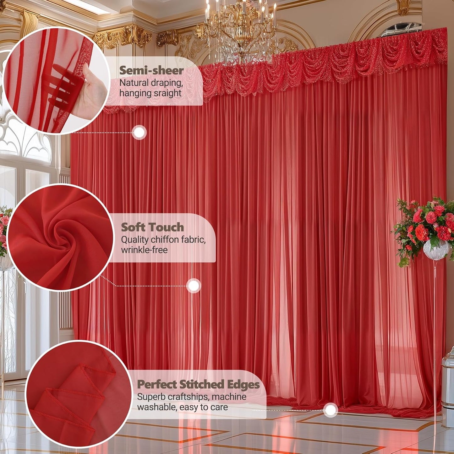 10ft x 10ft Red Backdrop Curtain Drapes, Wrinkle-Free Sheer Chiffon Fabric Photo Backdrop Panels for Wedding Arch Party Ceremony Stage Decoration