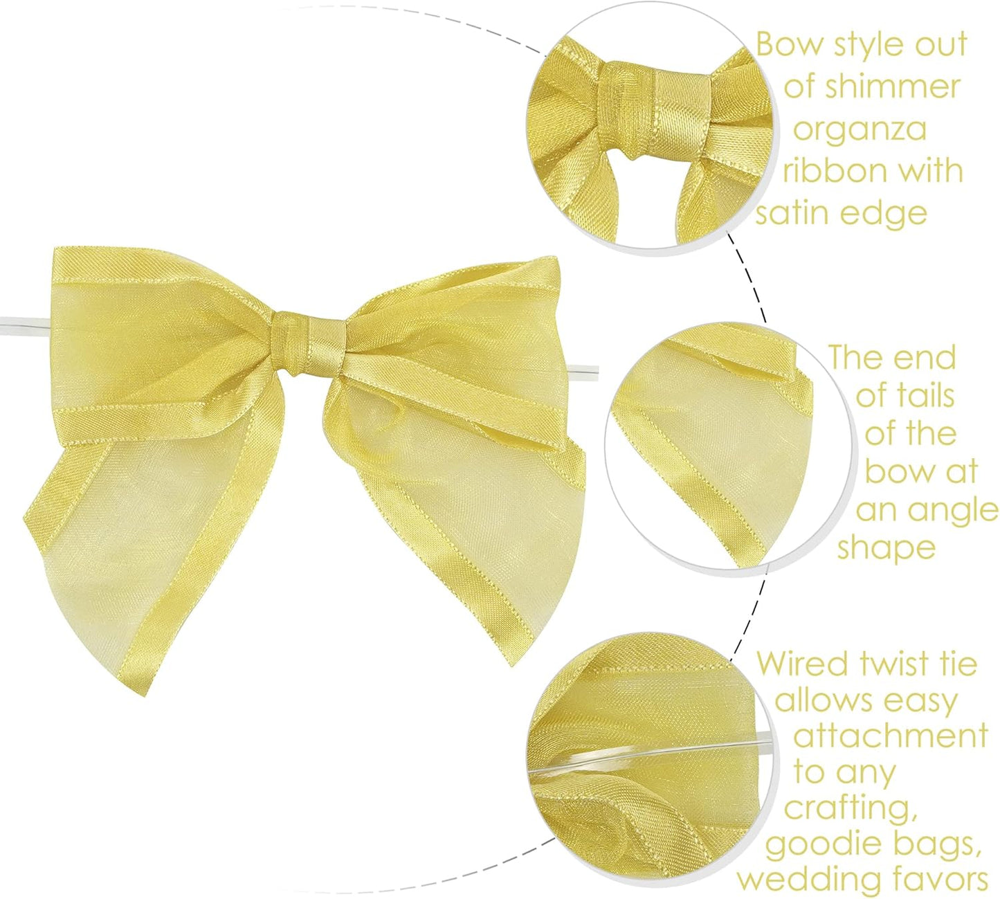 AIMUDI Gold Bows for Treats 4" Organza Bows Premade Twist Ties Bows for Gift Wrapping Crafts Treat Bags Baskets Cake Pop Baby Shower Birthday Wedding Christmas Decor - 12 Counts