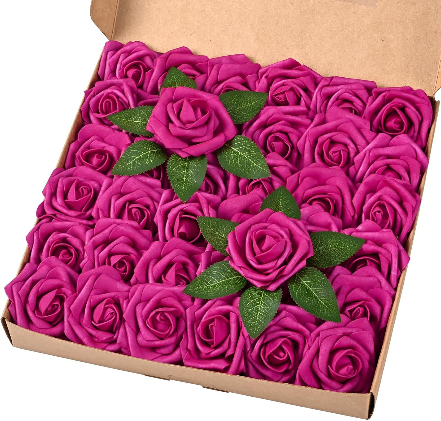 BLEUM CADE 36Pcs Artificial Flowers Fake Roses with Stems, Rose Red Boxed Foam Roses for DIY Bouquets Centerpieces Wedding Party Arrangement Bridal Shower Decor
